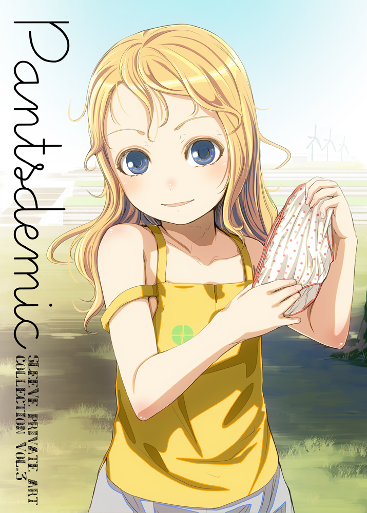 sody, original, 1girl, blonde hair, blue eyes, child, female focus, holding, holding panties, holding underwear, holding unworn clothes, long hair, no nose, panties, polka dot, polka dot panties, smile, solo, underwear, unworn panties