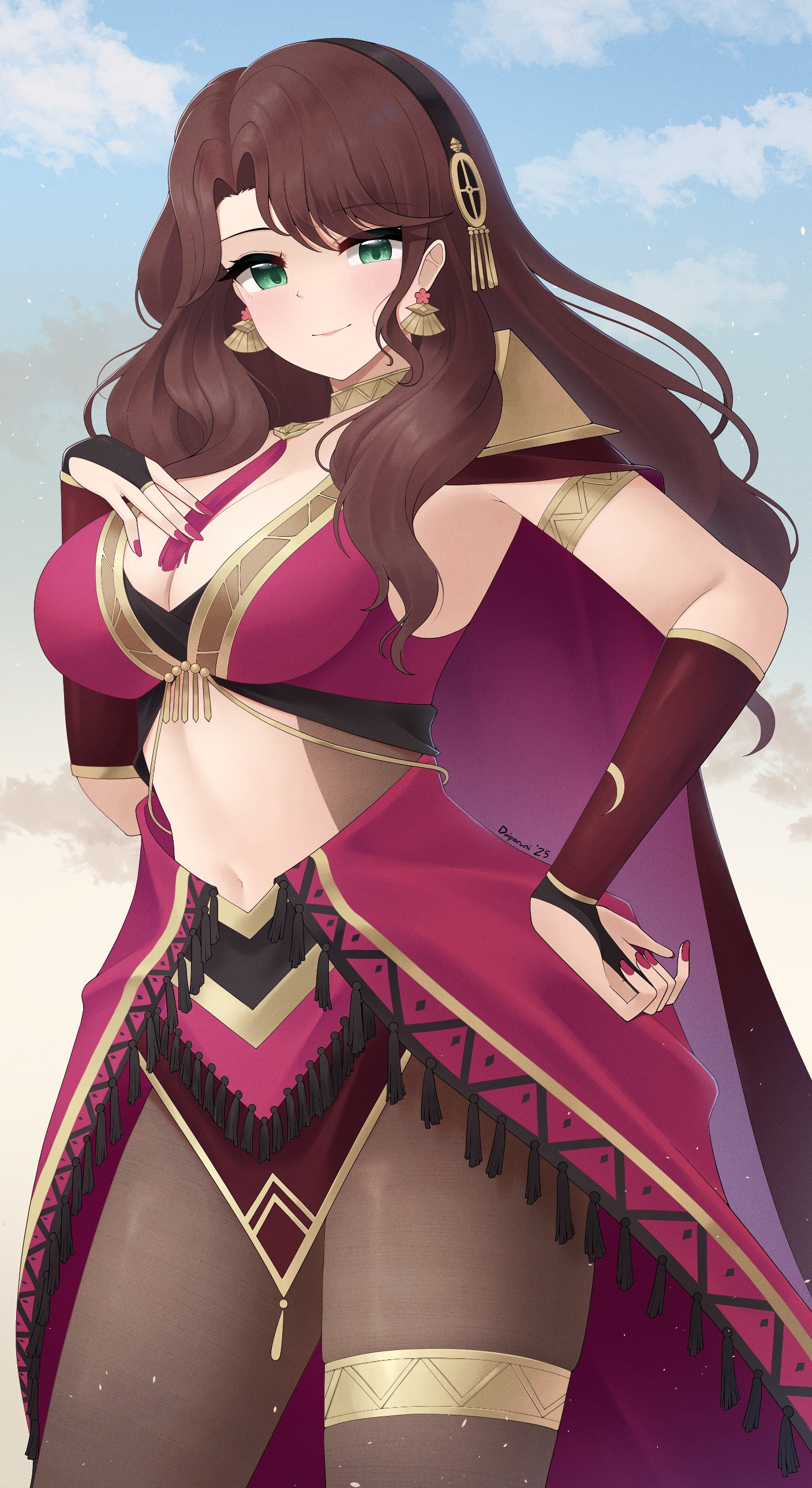 doiparuni, dorothea arnault, female byleth (fire emblem), female byleth (jehanna) (fire emblem), fire emblem, fire emblem: three houses, fire emblem heroes, nintendo, absurdres, highres, 1girl, alternate costume, armpits, blush, breasts, bridal gauntlets, brown hair, cape, cleavage, cosplay, earrings, female byleth (fire emblem) (cosplay), green eyes, hairband, hand on own chest, jewelry, large breasts, long hair, looking at viewer, nail polish, navel, pelvic curtain, purple nails, red nails, smile, solo, stomach, thighs