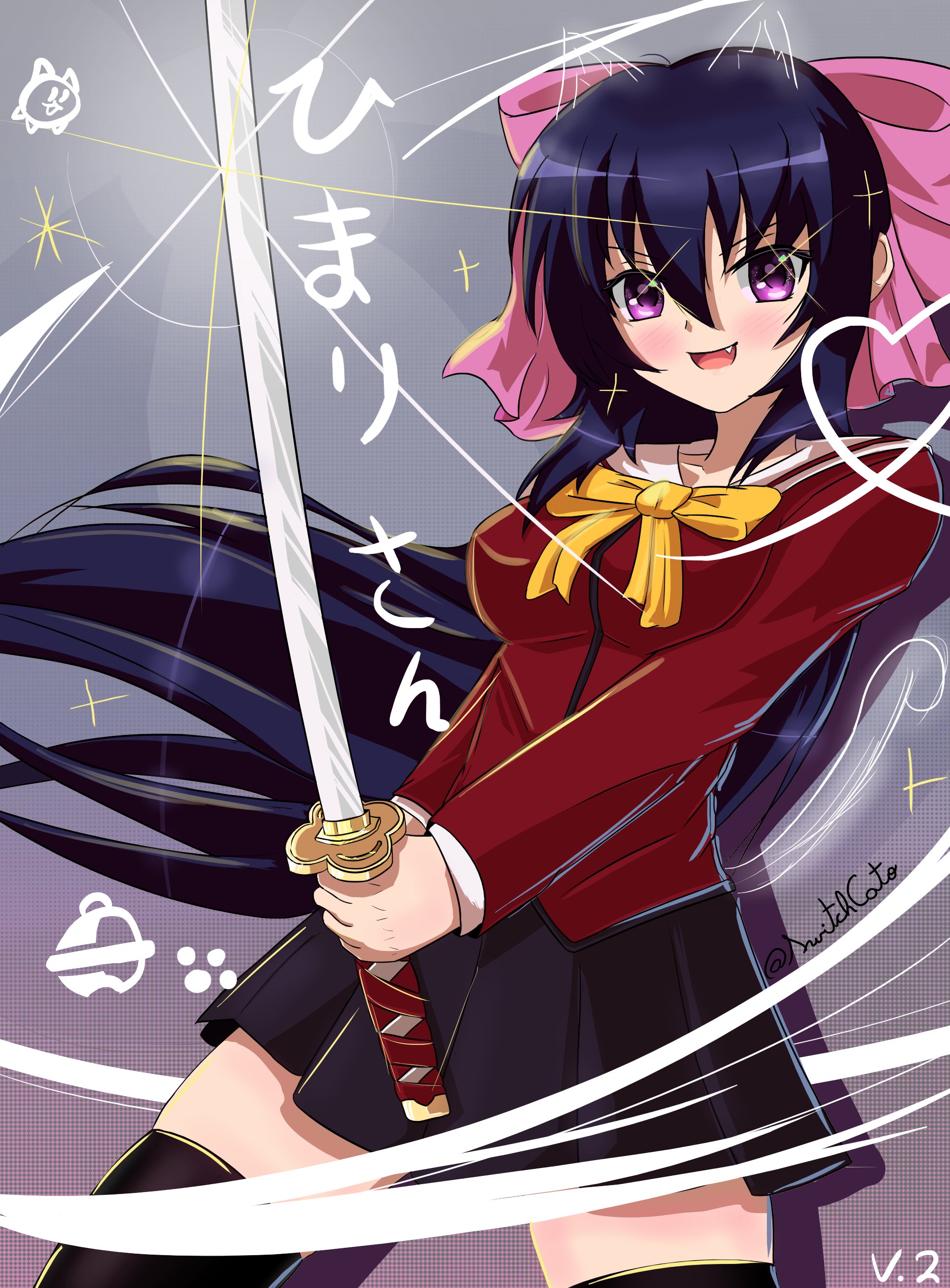 noihara himari, omamori himari, absurdres, commentary, commentary request, english commentary, highres, mixed-language commentary, translation request, 1girl, animal ears, bakeneko, black skirt, black thighhighs, blue hair, bow, breasts, cat ears, cat girl, cat tail, fang, hair between eyes, hair bow, heart, holding, holding sword, holding weapon, katana, large breasts, long hair, open mouth, pink bow, pleated skirt, ponytail, purple eyes, school uniform, serafuku, skirt, smile, solo, switch cato, sword, tail, thighhighs, twitter username, very long hair, weapon, zettai ryouiki