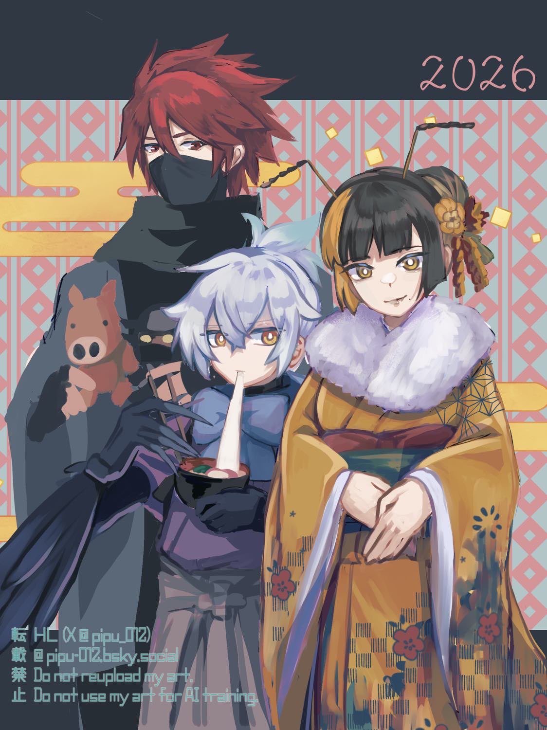 pipu 012, meizen the battle ninja, mitsu the insect ninja, tobari the sky ninja, yu-gi-oh!, highres, 1girl, 2boys, alternate costume, antennae, arthropod girl, bird boy, black hair, blonde hair, bluesky username, breasts, duel monster, flower, hair ornament, holding, japanese clothes, kimono, looking at viewer, mask, mouth mask, multicolored hair, multiple boys, new year, ninja, red eyes, red hair, sash, twitter username, two-tone hair, white hair, wings, yellow eyes, zouni soup