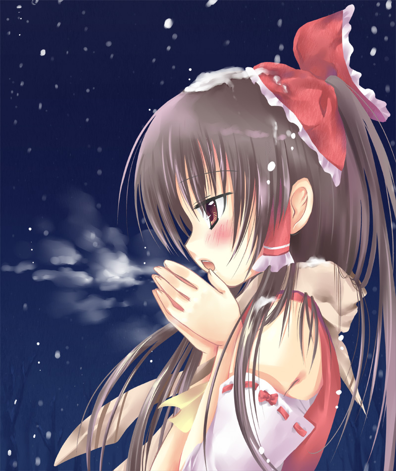 hanahanamaki, hakurei reimu, perfect cherry blossom, touhou, bad id, bad pixiv id, 1girl, blush, breath, brown eyes, brown hair, detached sleeves, female focus, hair ribbon, half updo, japanese clothes, miko, open mouth, ponytail, profile, ribbon, scarf, snow, solo, winter