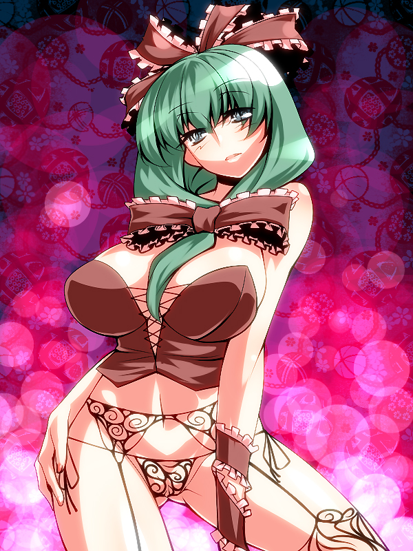 tro (trombe), kagiyama hina, touhou, 1girl, bow, breasts, corset, female focus, front ponytail, garter belt, green hair, large breasts, long hair, no pants, panties, solo, thighhighs, underwear