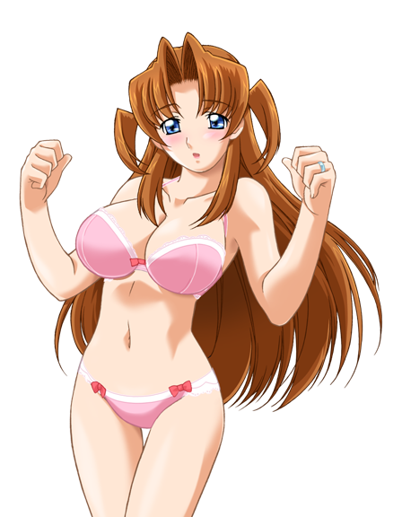 gan-chan (artist), morisaki miku, hitozuma sentai aisaiger, game cg, large variant set, non-web source, official art, variant set, 1girl, :o, blue eyes, blush, bow, bow bra, bow panties, bra, breasts, brown hair, cleavage, clenched hands, cowboy shot, jewelry, lace, lace-trimmed bra, lace-trimmed panties, lace trim, large breasts, lingerie, long hair, navel, open mouth, panties, pink bra, pink panties, ring, solo, standing, thigh gap, transparent background, two side up, underwear, underwear only, wedding ring