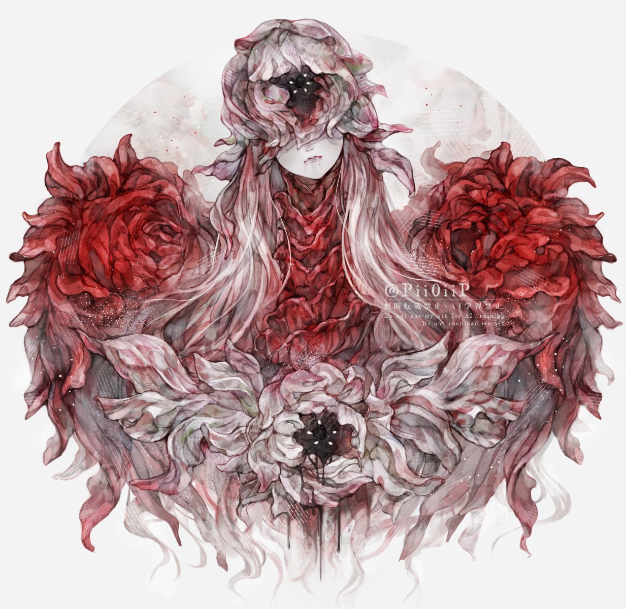 pii0iip, weapon bequeathed harmonia (elden ring), elden ring, elden ring nightreign, highres, 1girl, alternate form, armor, blood, closed mouth, covered eyes, cropped torso, facing viewer, flower, head tilt, helmet, helmet over eyes, long hair, monster, ornate armor, pale skin, petals, solo, twitter username, watermark, white background, white hair, wings