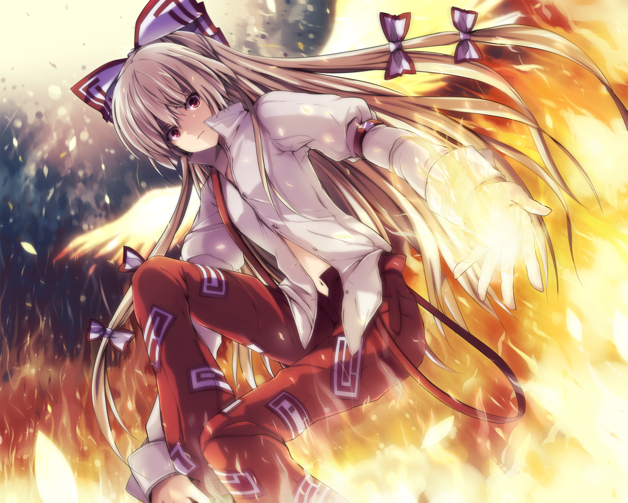 6u (eternal land), kiyu, fujiwara no mokou, touhou, bad id, bad pixiv id, md5 mismatch, 1girl, bow, female focus, fiery wings, fire, hair bow, long hair, multiple hair bows, navel, red eyes, solo, strap slip, suspenders, unzipped, very long hair, wings