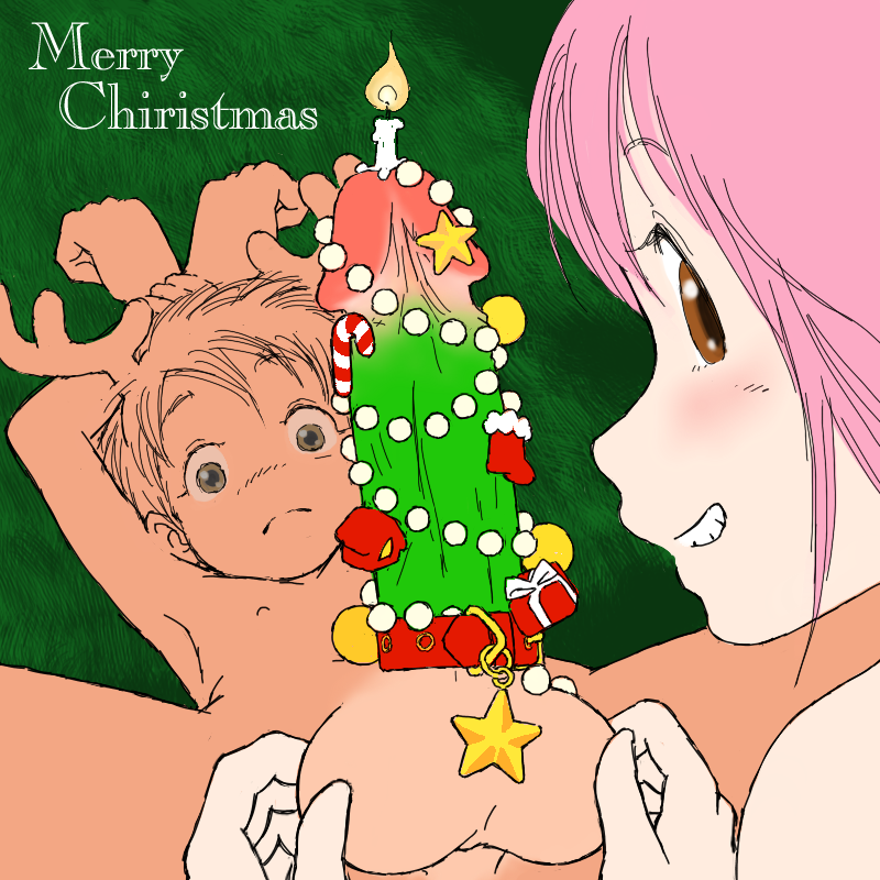 cote, original, bad id, bad pixiv id, 1boy, 1girl, age difference, antlers, bdsm, blush, bondage, bound, bound penis, bound wrists, brown eyes, candle, caressing testicles, christmas, christmas tree, cock ring, erection, femdom, grin, hetero, horns, looking at viewer, looking back, merry christmas, nude, object insertion, penis, penis ornament, penis play, pinching, pink hair, sex toy, shota, smile, spread legs, teenage girl and younger boy, testicles, uncensored, urethral insertion, what