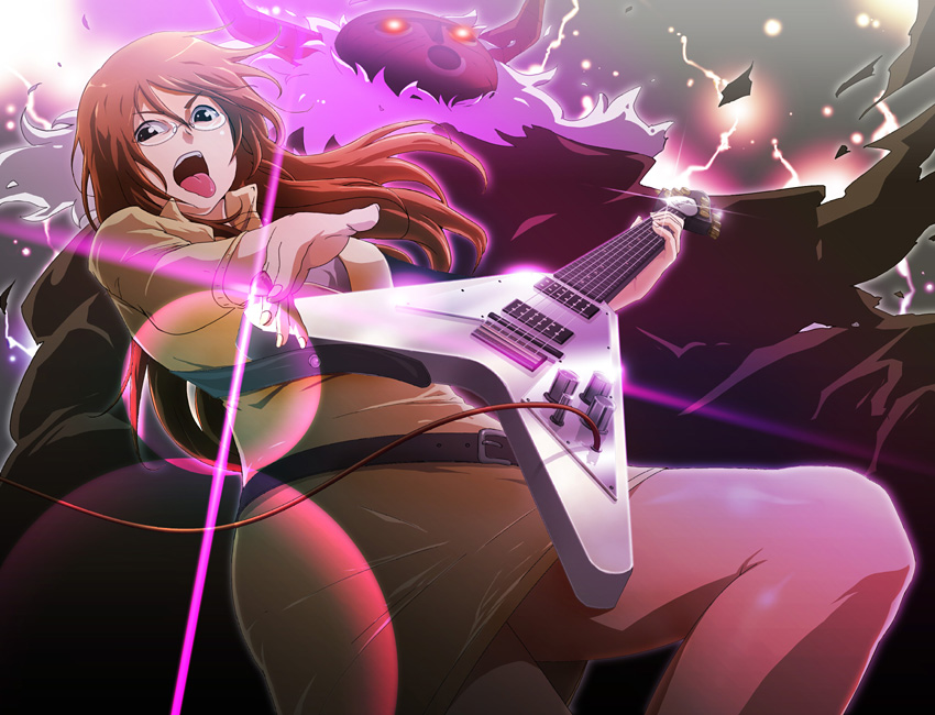 71 (nanaichi drafting), yamanaka sawako, gibson, heavy metal, k-on!, 00s, 1girl, belt, brown hair, death devil (k-on!), dress, electric guitar, female focus, gibson flying v, glasses, guitar, instrument, long hair, open mouth, pantyhose, solo, sweater, sweater dress, teacher, teeth, tongue
