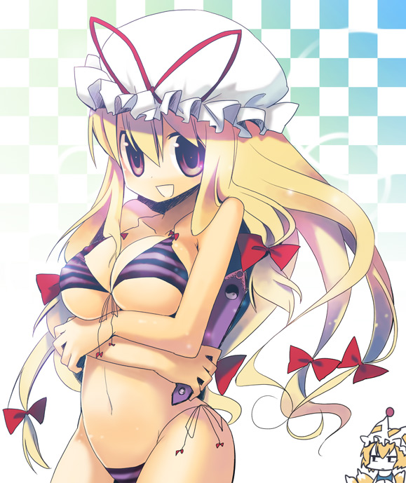 yuzuki gao, yakumo ran, yakumo yukari, team shanghai alice, touhou, 2girls, bikini, blonde hair, bow, breasts, female focus, front-tie top, gradient background, hair bow, hair ornament, hat, long hair, multiple girls, multiple hair bows, purple eyes, side-tie bikini bottom, sideboob, string bikini, swimsuit, underboob, undersized clothes, white background