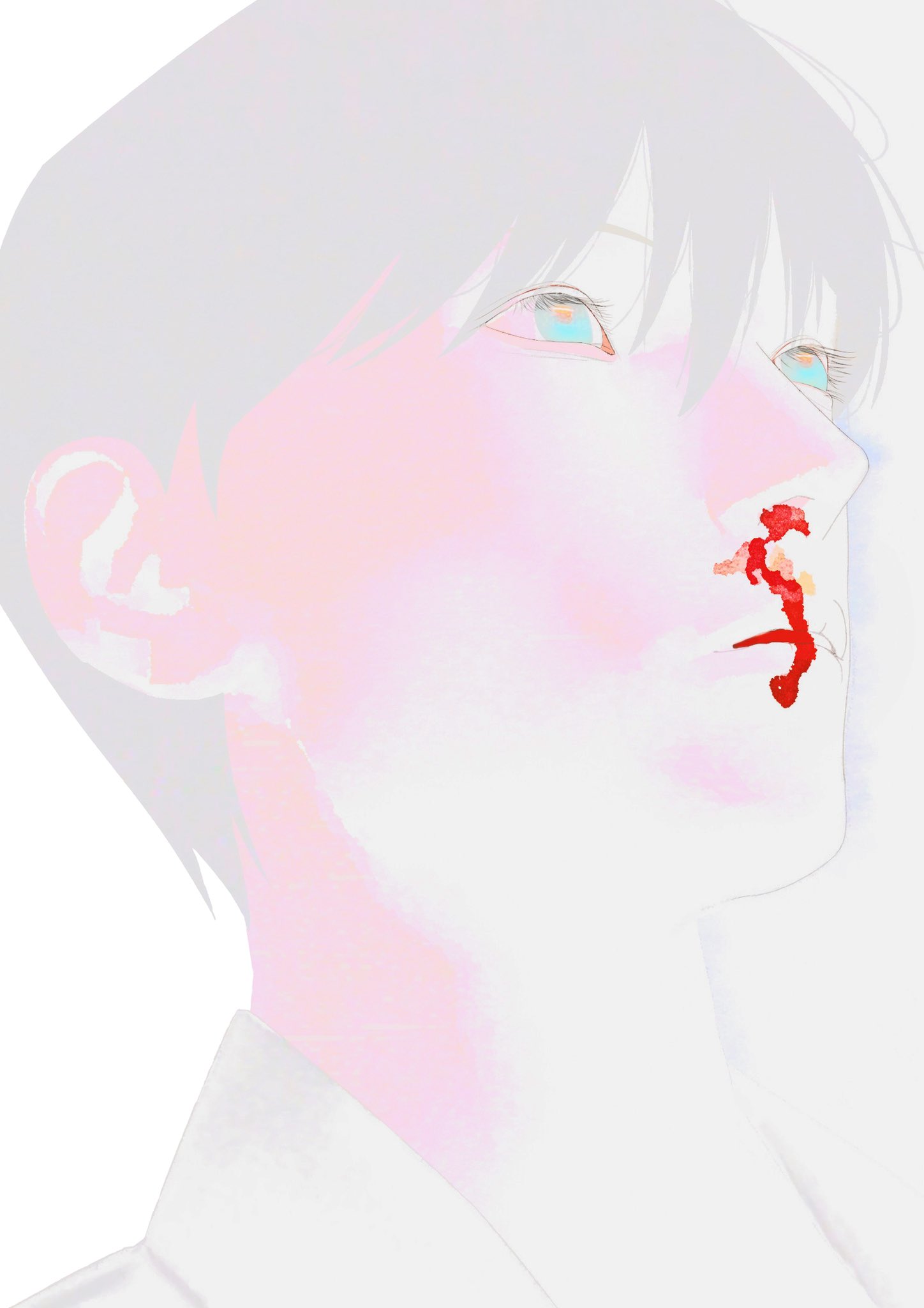 kim dokja, omniscient reader's viewpoint, highres, 1boy, aegyo sal, blood, blood on face, blue eyes, coat, expressionless, looking to the side, nosebleed, overexposure, portrait, short hair, solo, tix 0314, white coat