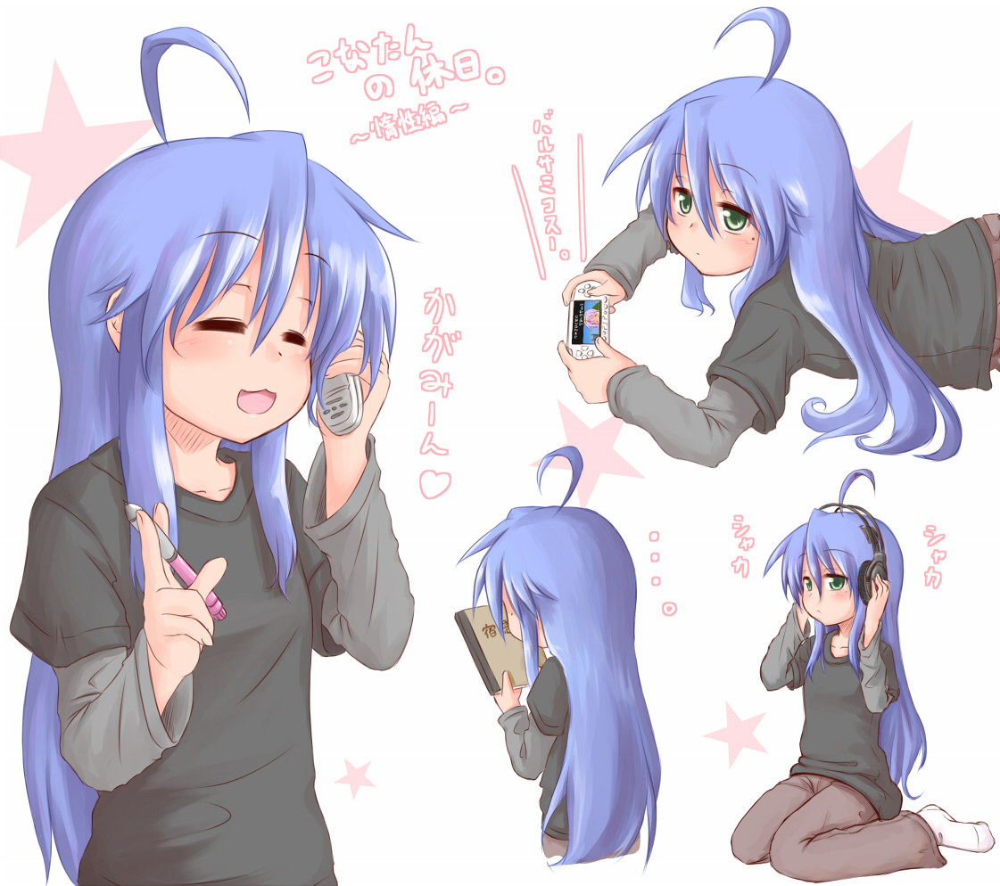 ryuunosuke (luckyneco), hiiragi tsukasa, izumi konata, lucky star, …, 00s, 1girl, :3, ahoge, blue hair, book, casual, closed eyes, cordless phone, green eyes, handheld game console, headphones, mole, mole under eye, on the phone, pen, phone, playstation portable, product placement