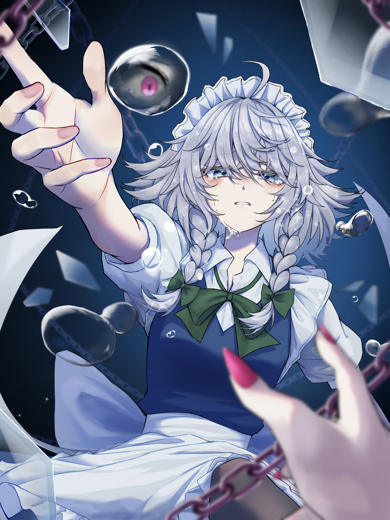 tenx2 1341, izayoi sakuya, remilia scarlet, touhou, commentary, highres, 2girls, ahoge, apron, blue dress, blue eyes, braid, chain, crying, crying with eyes open, dress, grey hair, hair ribbon, maid, maid apron, maid headdress, medium hair, multiple girls, parted lips, pov, reaching, reaching towards another, reaching towards viewer, red nails, ribbon, shards, shirt, short sleeves, teardrop, tears, twin braids, white shirt