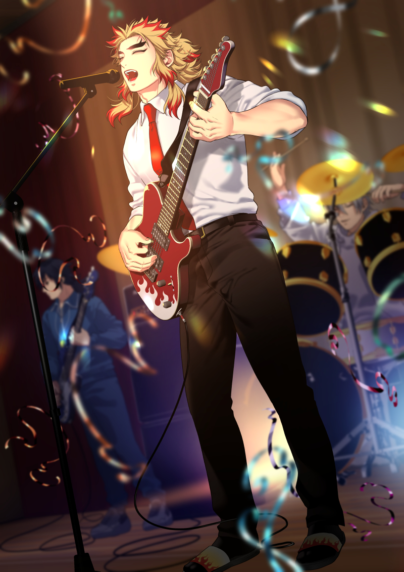 hashimoto (yanagi-momo), rengoku kyoujurou, shinazugawa sanemi, tomioka giyuu, kimetsu no yaiba, 3boys, :d, alternate costume, belt, black belt, black hair, black pants, black socks, blonde hair, blue jacket, blue pants, blurry, blurry background, blurry foreground, cable, closed eyes, collared shirt, colored tips, concert, confetti, contemporary, depth of field, dress shirt, drum, drum set, electric guitar, forked eyebrows, full body, guitar, holding, holding guitar, holding instrument, holding microphone, instrument, jacket, long hair, long sleeves, male focus, microphone, microphone stand, multicolored hair, multiple boys, music, necktie, open mouth, pants, playing guitar, playing instrument, red hair, red necktie, sandals, shirt, singing, sleeves rolled up, smile, socks, solo focus, spotlight, stage, stage lights, standing, streaked hair, streamers, two-tone hair, white hair, white sandals, white shirt