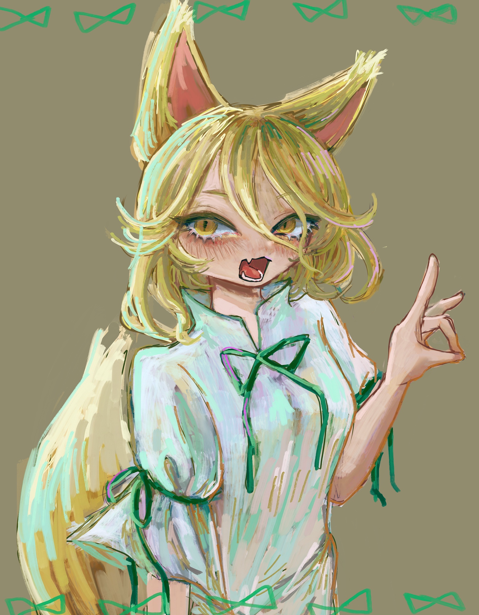 omaega chan, kudamaki tsukasa, touhou, highres, 1girl, :3, animal ears, arm up, blonde hair, blush, bow, bow background, brown background, cowboy shot, dress, fang, fox ears, fox girl, fox shadow puppet, fox tail, green bow, green ribbon, long bangs, looking at viewer, lower teeth only, medium hair, messy hair, neck ribbon, open mouth, puffy short sleeves, puffy sleeves, ribbon, ribbon-trimmed sleeves, ribbon trim, short sleeves, sidelighting, simple background, skin fang, slit pupils, smile, solo, swept bangs, tail, teeth, white dress, yellow eyes