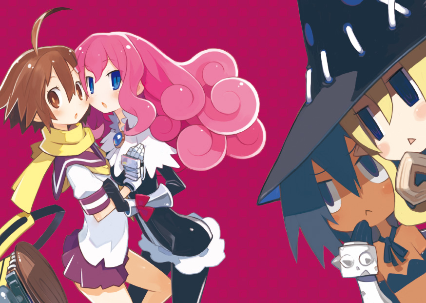 harada takehito, charm (yuusha mushoku), mahiro (yuusha mushoku), mail (yuusha mushoku), mona (yuusha mushoku), original, yuusha mushoku, black legwear, 4girls, :<, ahoge, black eyes, black hair, blue eyes, brown hair, curly hair, dark-skinned female, dark skin, gem, hat, multiple girls, pantyhose, pink hair, scarf, school uniform, short hair, skirt, witch hat