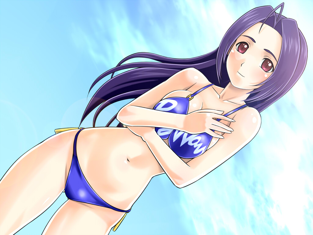 muhi11234, miura azusa, idolmaster, idolmaster (classic), 00s, 1girl, bikini, blush, breasts, breasts squeezed together, female focus, long hair, navel, outdoors, purple hair, red eyes, side-tie bikini bottom, sky, solo, swimsuit