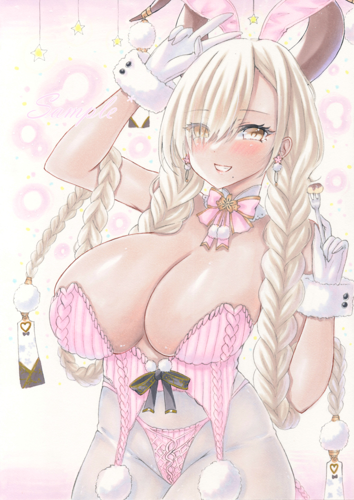 purplepencil, owari (azur lane), azur lane, commentary request, highres, marker (medium), traditional media, 1girl, animal ears, blonde hair, bow, braid, breasts, cleavage, detached collar, earrings, fake animal ears, fur wrist cuffs, gloves, hair over one eye, huge breasts, jewelry, long hair, pantyhose, pink bow, playboy bunny, rabbit ears, solo, twin braids, very long hair, white gloves, white pantyhose, wrist cuffs