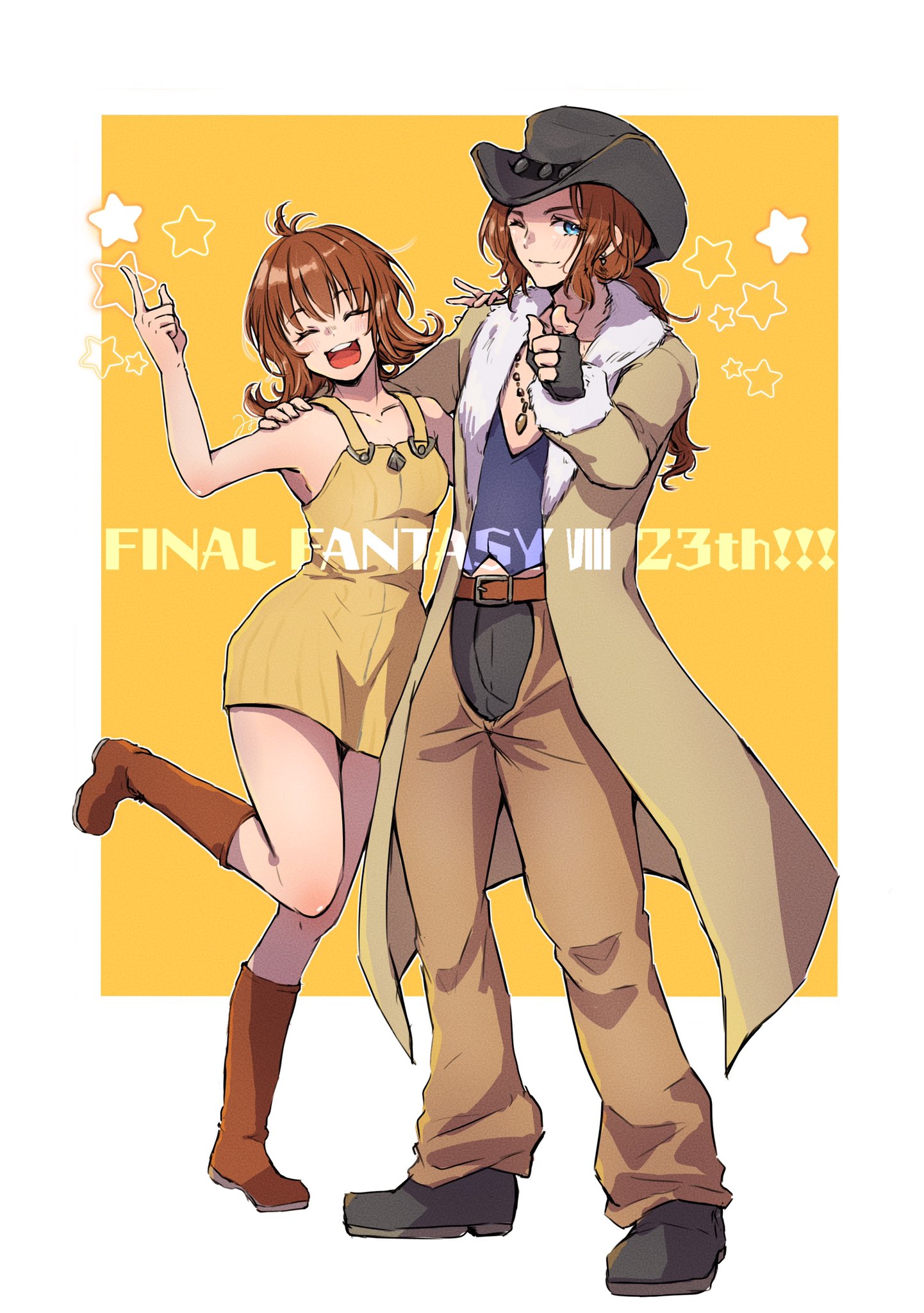 miyopippi, irvine kinneas, selphie tilmitt, final fantasy, final fantasy viii, highres, 1boy, 1girl, anniversary, arm around shoulder, bare shoulders, black boots, black gloves, black hat, black pants, blue eyes, blue shirt, boots, border, breasts, brown boots, brown chaps, brown coat, brown hair, closed eyes, coat, copyright name, cowboy hat, dress, fingerless gloves, full body, fur-trimmed coat, fur trim, gloves, hand on another's shoulder, hat, jewelry, light smile, long hair, low ponytail, medium breasts, midriff peek, necklace, one eye closed, open mouth, overalls, pants, parted bangs, pointing, pointing at viewer, ponytail, shirt, short dress, short hair, smile, white border, yellow background, yellow dress, yellow overalls