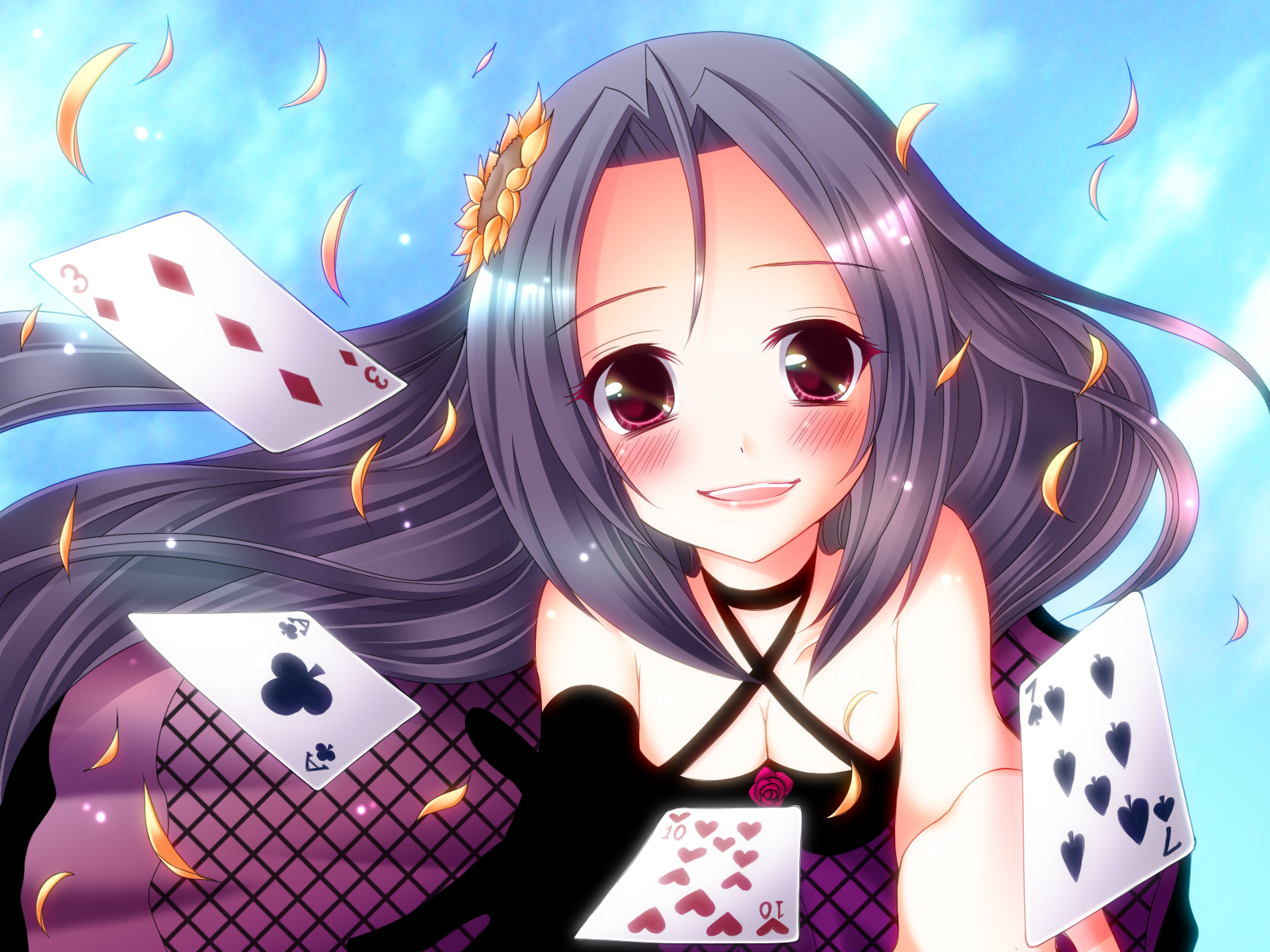 meiya neon, miura azusa, 3a07, idolmaster, idolmaster (classic), highres, 00s, 1girl, blue hair, blush, breasts, card, cleavage, female focus, floating card, flower, hair ornament, large breasts, long hair, playing card, red eyes, solo