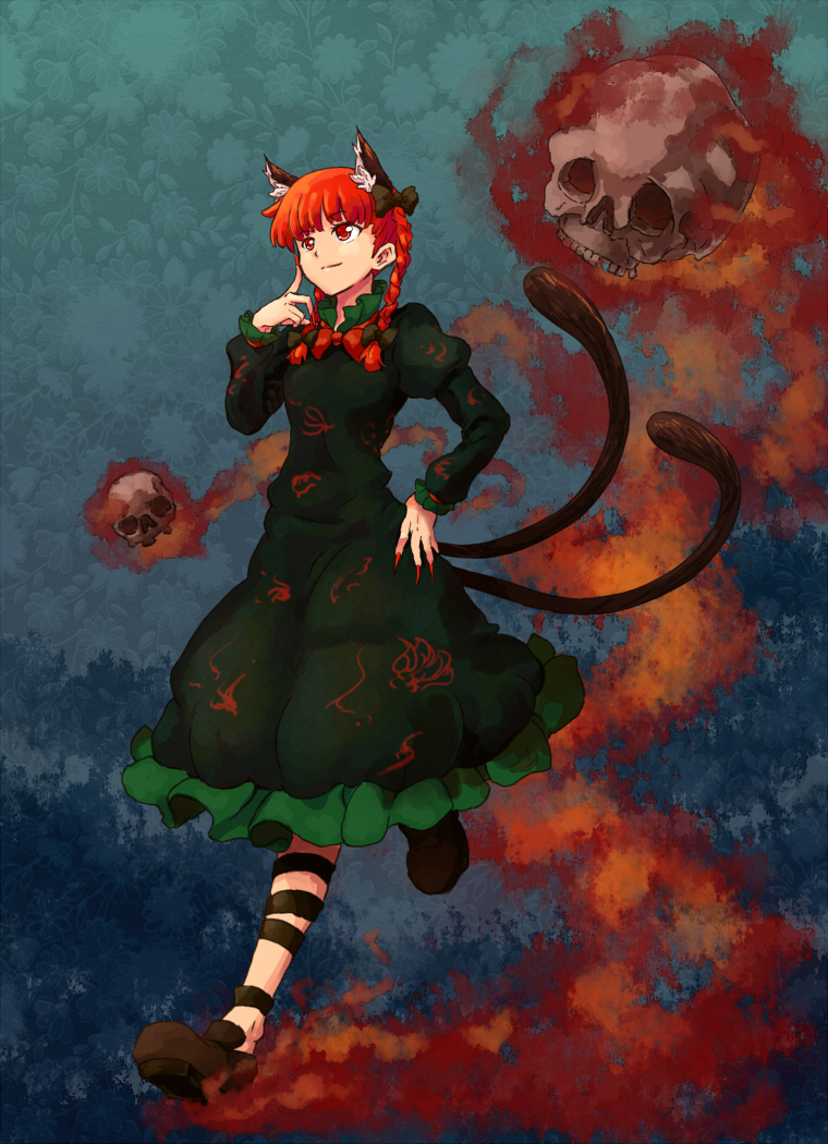 shibasaki shouji, kaenbyou rin, touhou, 1girl, animal ears, braid, cat ears, cat girl, cat tail, extra ears, female focus, hair ribbon, multiple tails, red eyes, red hair, ribbon, short hair, solo, tail, twin braids, twintails