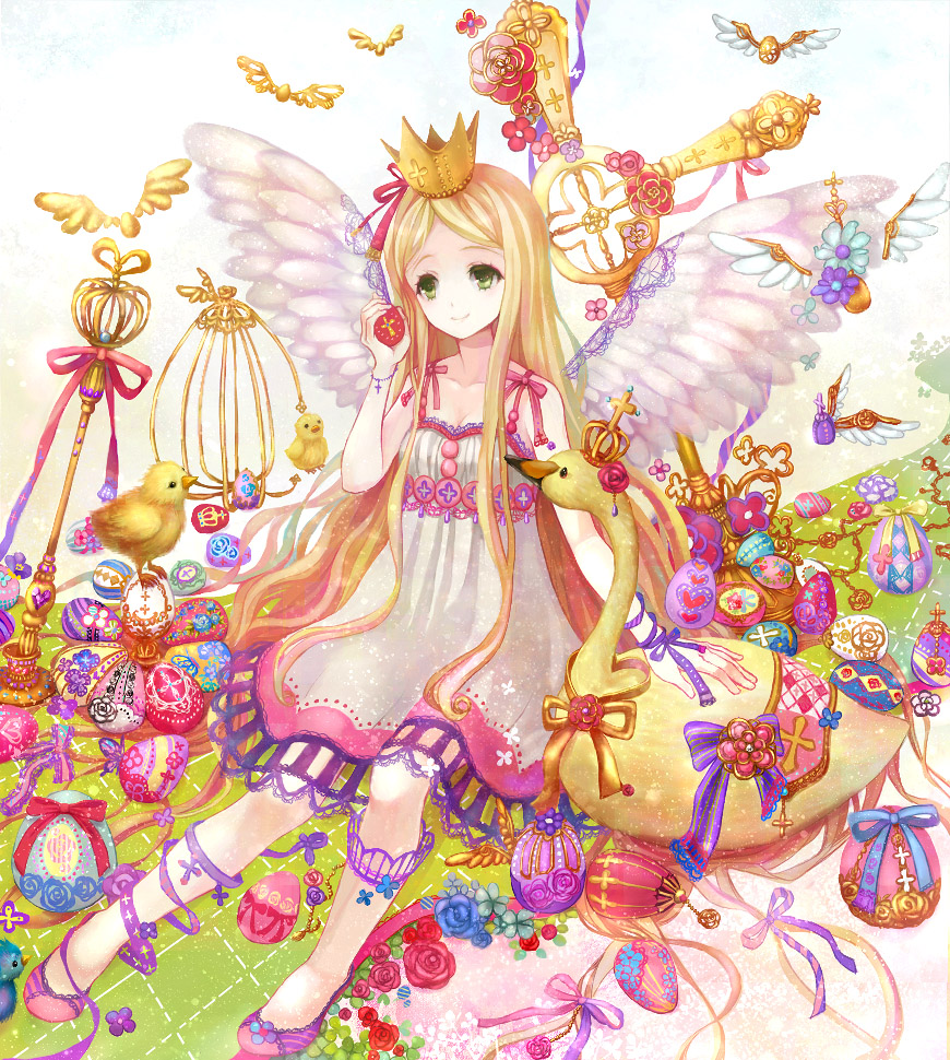 anko kinako, original, 1girl, angel wings, bare shoulders, bird, blonde hair, bow, colorful, cross, crown, dress, easter, easter egg, egg, female focus, green eyes, long hair, sitting, smile, solo, wings