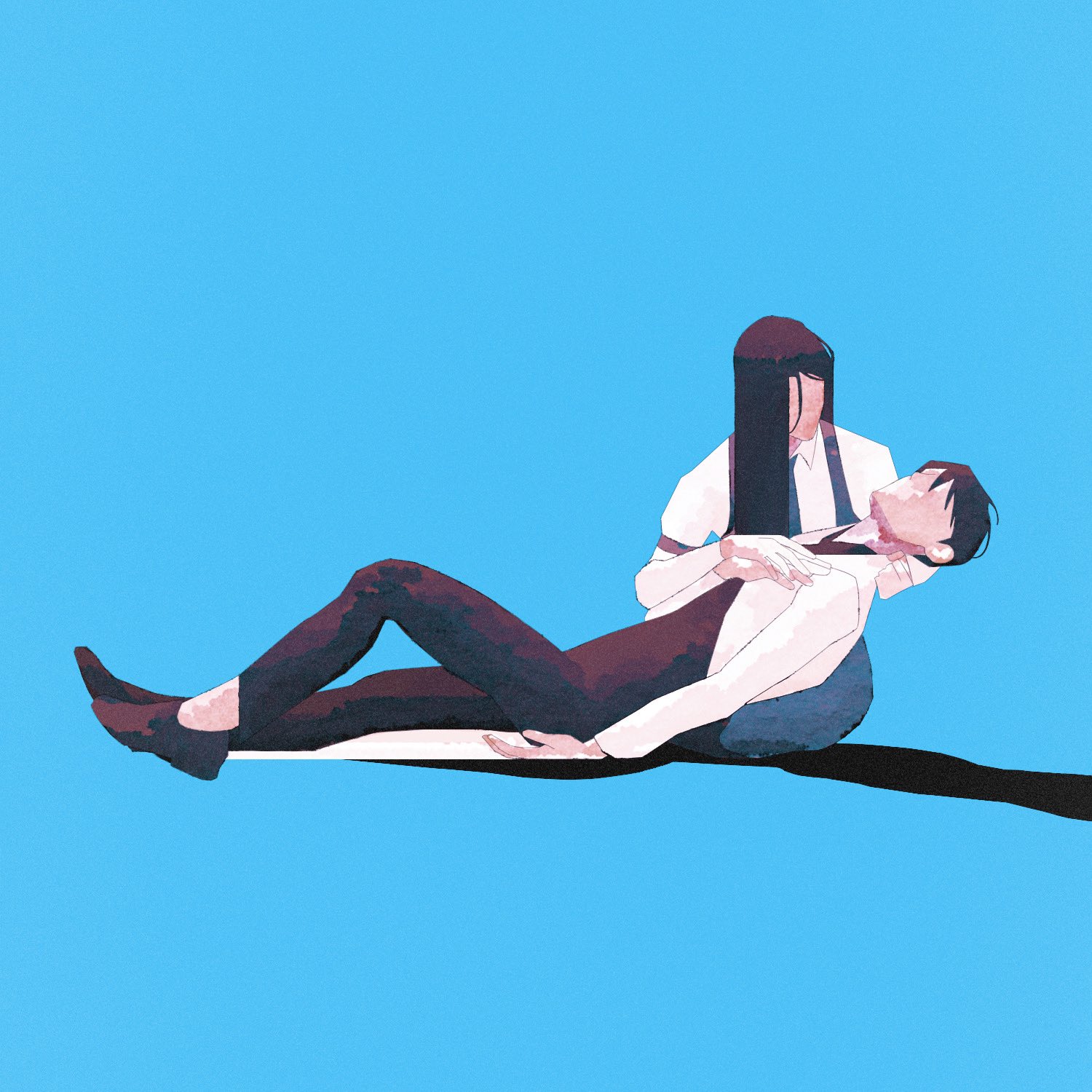 kim dokja, lee jihye, omniscient reader's viewpoint, character request, check character, highres, 1boy, 1girl, black hair, black shirt, coat, faceless, full body, hand on own chest, head tilt, holding hands, kneeling, long hair, on ground, shirt, short hair, straight hair, tix 0314, white coat