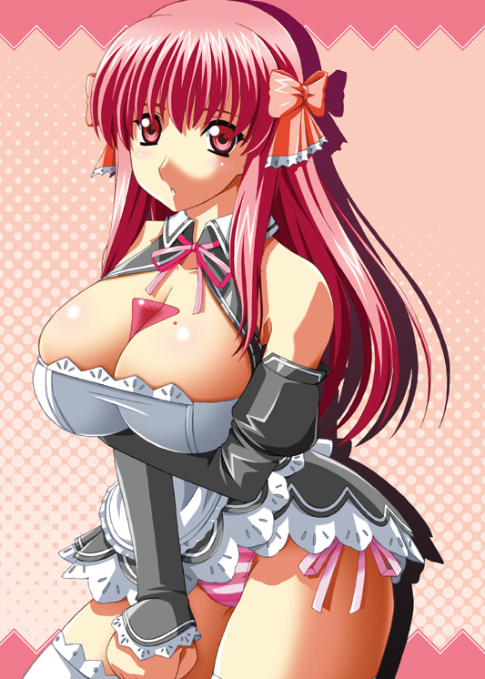 izta, kumashiro izuta, amane (dream c club), dream c club, dream c club (series), breast hold, 1girl, bare shoulders, breasts, bust cup, cleavage, cleavage cutout, clothing cutout, detached sleeves, female focus, large breasts, long hair, panties, pink hair, red eyes, ribbon, solo, striped clothes, striped panties, thighhighs, underwear, waitress, white thighhighs