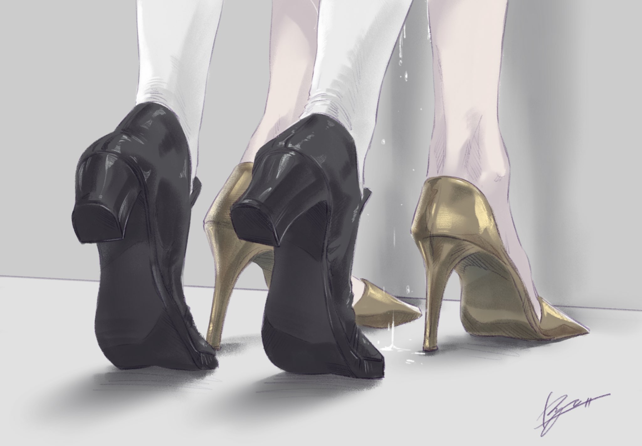 character request, commentary request, copyright request, highres, korean commentary, 2girls, block heels, choryu desu, high heels, implied fingering, lower body, multiple girls, pantyhose, pussy juice, signature, standing, tiptoes, white pantyhose, yuri