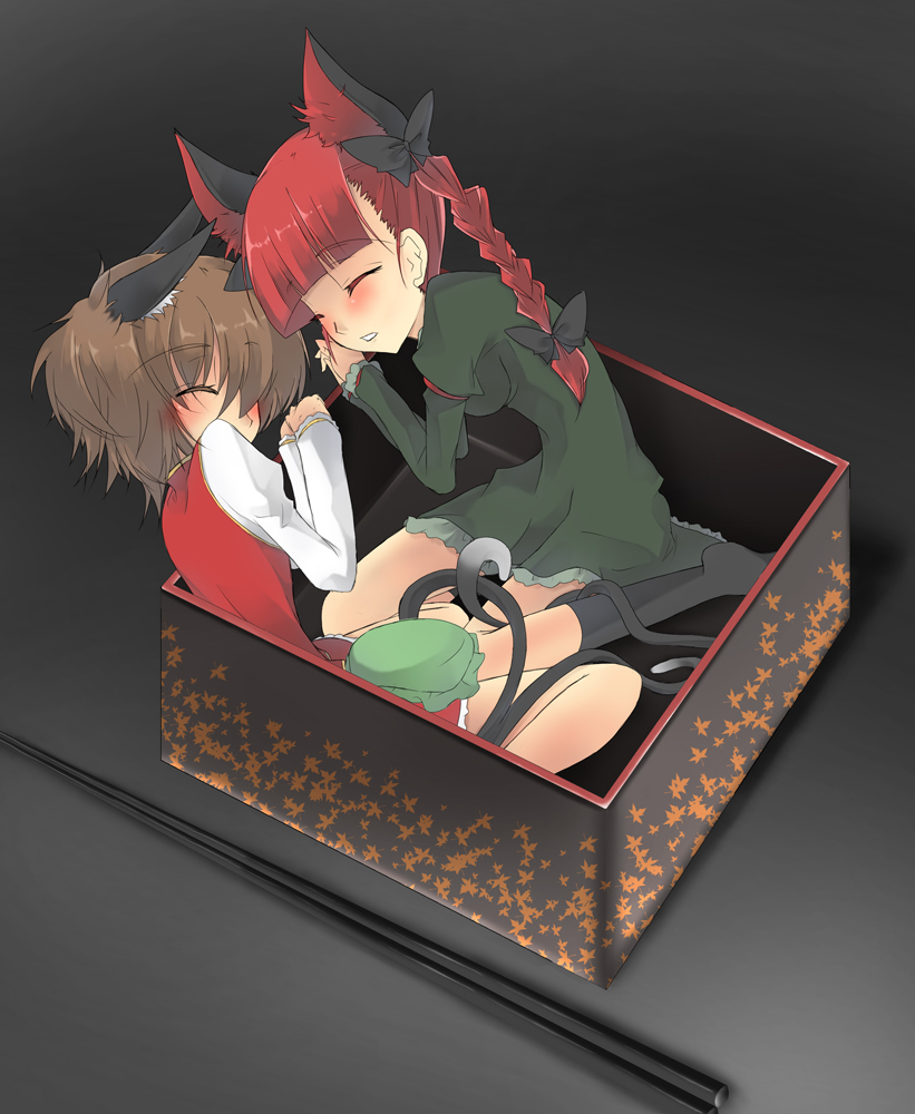 noi (noi 2y), chen, kaenbyou rin, touhou, 2girls, animal ears, bow, box, braid, brown hair, cat ears, cat girl, cat tail, closed eyes, extra ears, female focus, hair ribbon, in box, in container, multiple girls, multiple tails, red hair, ribbon, short hair, sleeping, socks, tail, twin braids