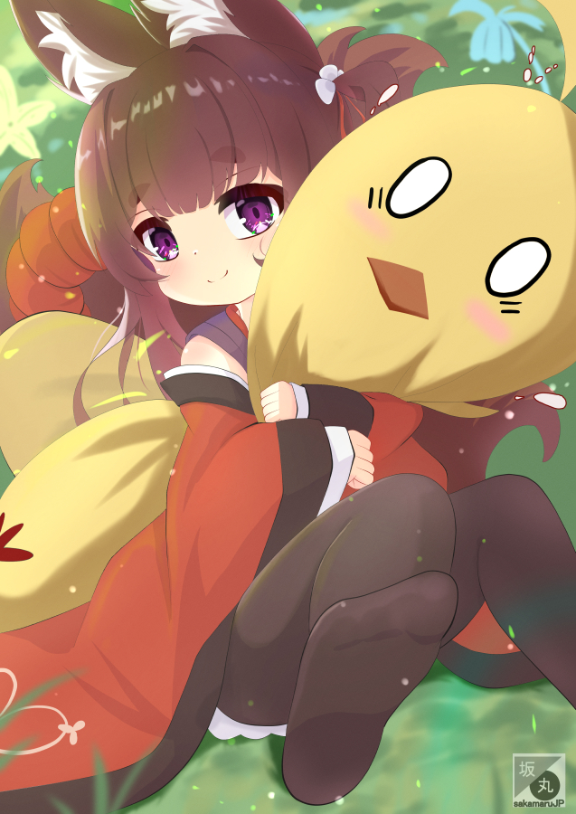 sakamarujp, amagi-chan (azur lane), manjuu (azur lane), azur lane, commentary request, variant set, 1girl, animal costume, animal ears, brown hair, brown pantyhose, brown tail, fox costume, fox ears, fox girl, fox tail, japanese clothes, kimono, kitsune, kyuubi, light smile, looking at viewer, manjuu abuse (azur lane), multiple tails, pantyhose, purple eyes, red kimono, sitting, solo, tail, thick eyebrows, wide sleeves