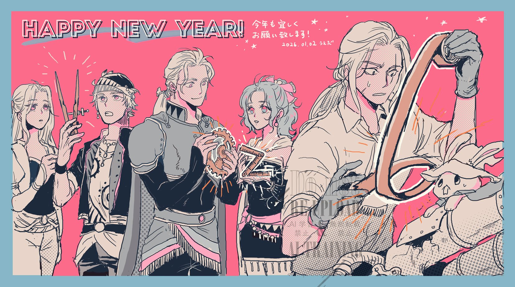 uedymummy0921, celes chere, edgar roni figaro, locke cole, setzer gabbiani, tina branford, final fantasy, final fantasy vi, highres, 2girls, 3boys, armor, black jacket, blue border, border, cape, collared shirt, cowboy shot, creature, dress, earrings, facial scar, furrowed brow, gears, gloves, grey gloves, hair ribbon, half updo, happy new year, headscarf, holding tool, jacket, jewelry, juliet sleeves, limited palette, long hair, long sleeves, low ponytail, multiple boys, multiple girls, necklace, new year, parted bangs, parted lips, pink background, pink ribbon, ponytail, print shirt, puffy sleeves, ribbon, sash, scar, scar across eye, scar on cheek, scar on face, shirt, short dress, short hair, shoulder armor, sleeves rolled up, sweatdrop, upper body, waist sash, white shirt