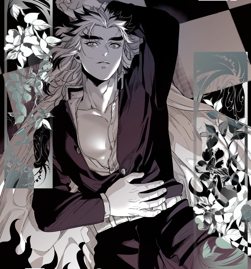 hashimoto (yanagi-momo), rengoku kyoujurou, kimetsu no yaiba, 1boy, arm up, belt, black jacket, cape, closed mouth, collarbone, colored tips, cowboy shot, demon slayer uniform, eyelashes, flower, forked eyebrows, from above, hand on own stomach, jacket, leaf, long hair, long sleeves, looking at viewer, lying, male focus, monochrome, multicolored hair, on back, open clothes, open collar, pants, parted lips, partially unbuttoned, pectoral cleavage, pectorals, shirt, solo, streaked hair, thick eyebrows, toned, toned male, two-tone hair