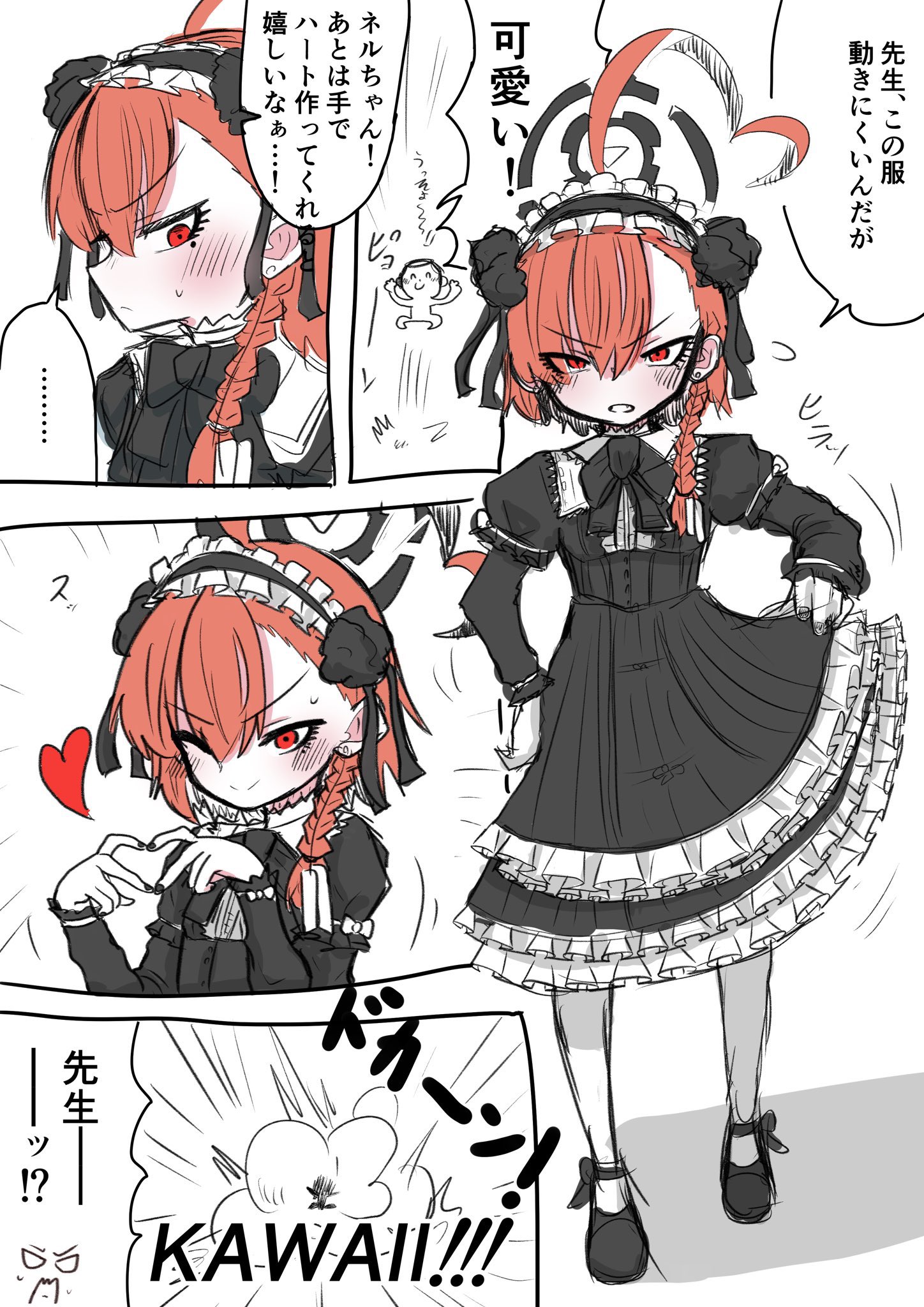 fpskarten, doodle sensei (blue archive), neru (blue archive), sensei (blue archive), blue archive, highres, …, 1boy, 1girl, ahoge, alternate costume, black dress, black hairband, black nails, black ribbon, black shoes, blush, braid, comic, dress, embarrassed, frilled dress, frilled hairband, frills, gothic lolita, hair ornament, hair ribbon, hairband, halo, heart, heart hands, huge ahoge, japanese text, lolita fashion, mole, mole under eye, one eye closed, orange hair, pantyhose, red eyes, ribbon, shoes, short hair, side braid, smile, speech bubble, spoken ellipsis, standing, tomboy, white background, white pantyhose, wink