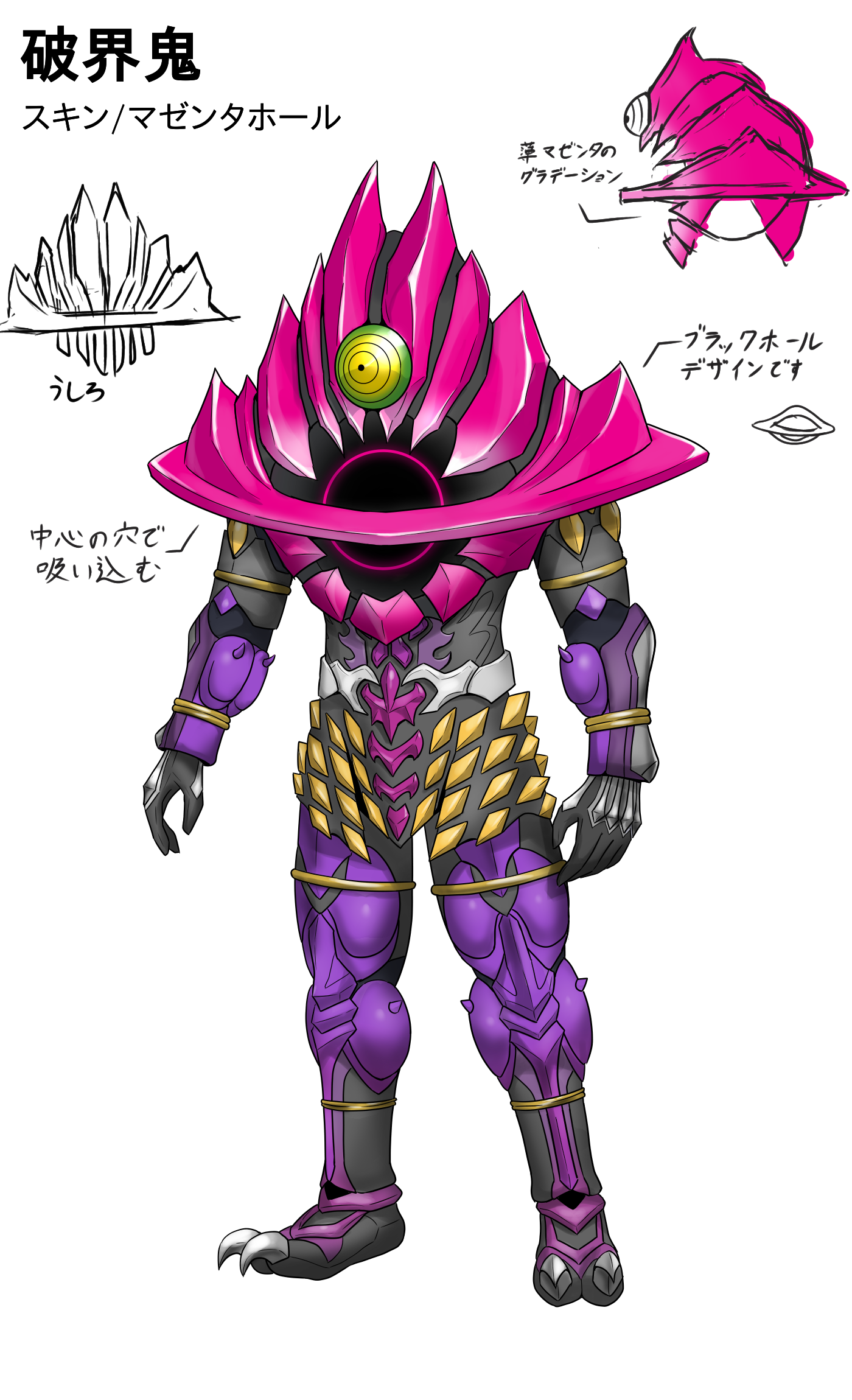 shadow (modeler3622), kamen rider decade, avataro sentai donbrothers, kamen rider, kamen rider dcd, original, super sentai, highres, 1boy, black hole, claws, colored skin, cyclops, green eyes, hitotsuki, horns, monster, multiple views, no humans, one-eyed, open mouth, purple skin, standing, white background
