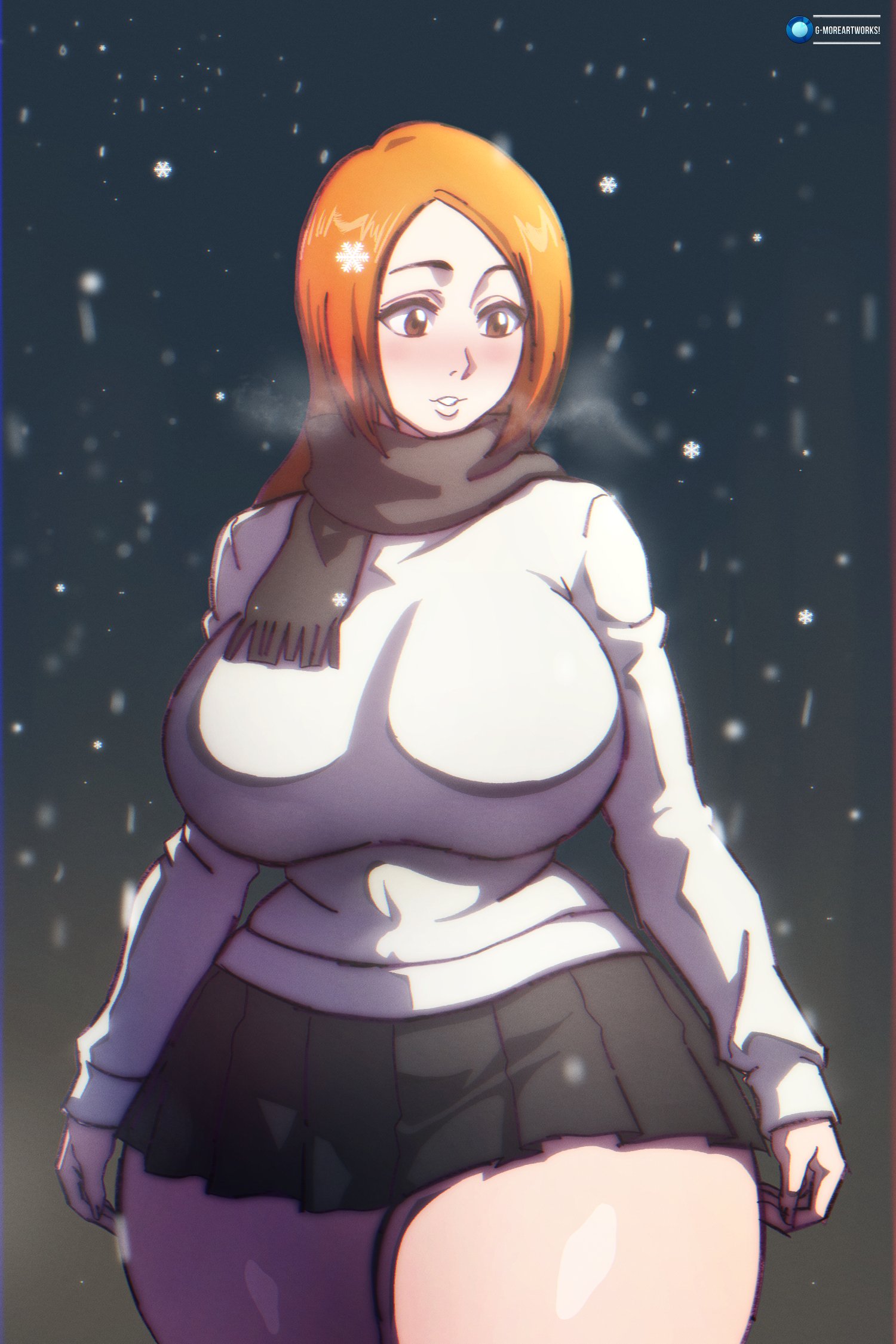 g-moreartworks, inoue orihime, bleach, highres, 1girl, artist name, breasts, brown eyes, christmas, curvy, female focus, large breasts, light blush, long hair, orange hair, parted lips, scarf, shiny skin, skirt, snow, snowing, solo, solo focus, standing, sweater, thick thighs, thighs, wide hips