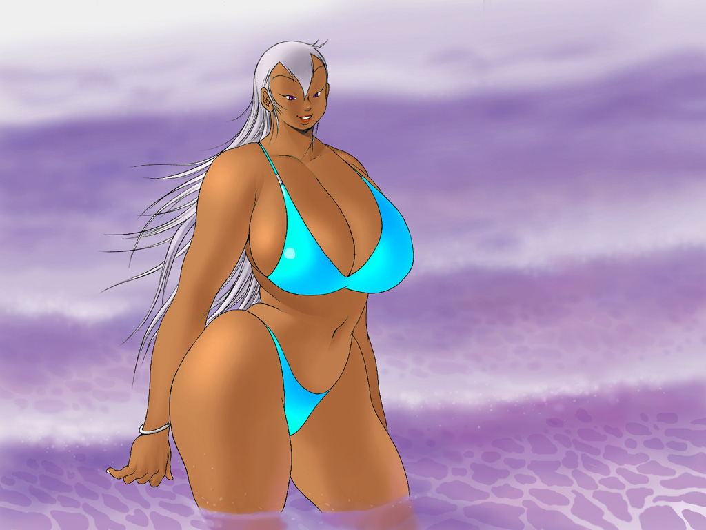 eiden, grinis quatre gricom, gg quatre, silver hair, 1girl, bikini, bracelet, breasts, cleavage, cloud, curvy, dark-skinned female, dark skin, female focus, hip focus, huge breasts, jewelry, lipstick, long hair, makeup, open mouth, outdoors, plump, purple eyes, red lips, sideboob, smile, solo, standing, swimsuit, thick thighs, thighs, very long hair, wading, water, wet, wide hips