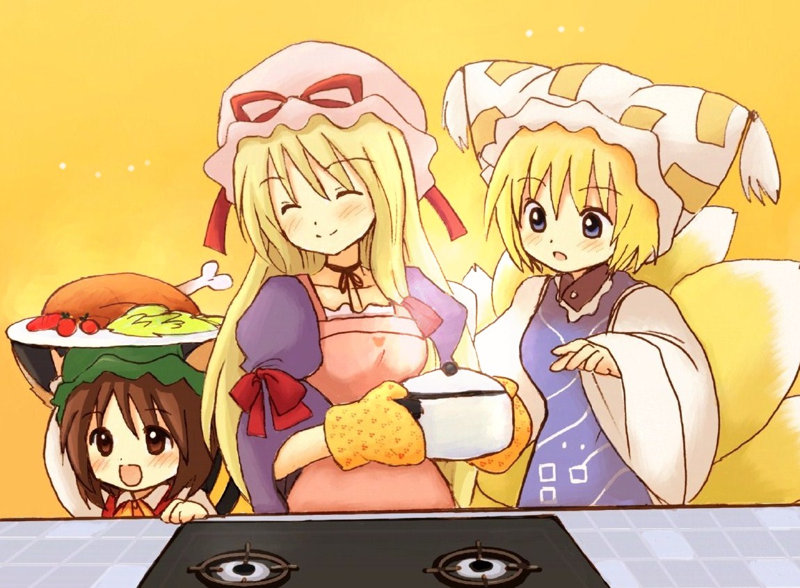 eijima moko, chen, yakumo ran, yakumo yukari, touhou, bad id, bad pixiv id, 3girls, blonde hair, blue eyes, brown eyes, brown hair, closed eyes, cooking, family, family bonding, female focus, food, happy, hat, long hair, multiple girls, ribbon, short hair, smile, stove