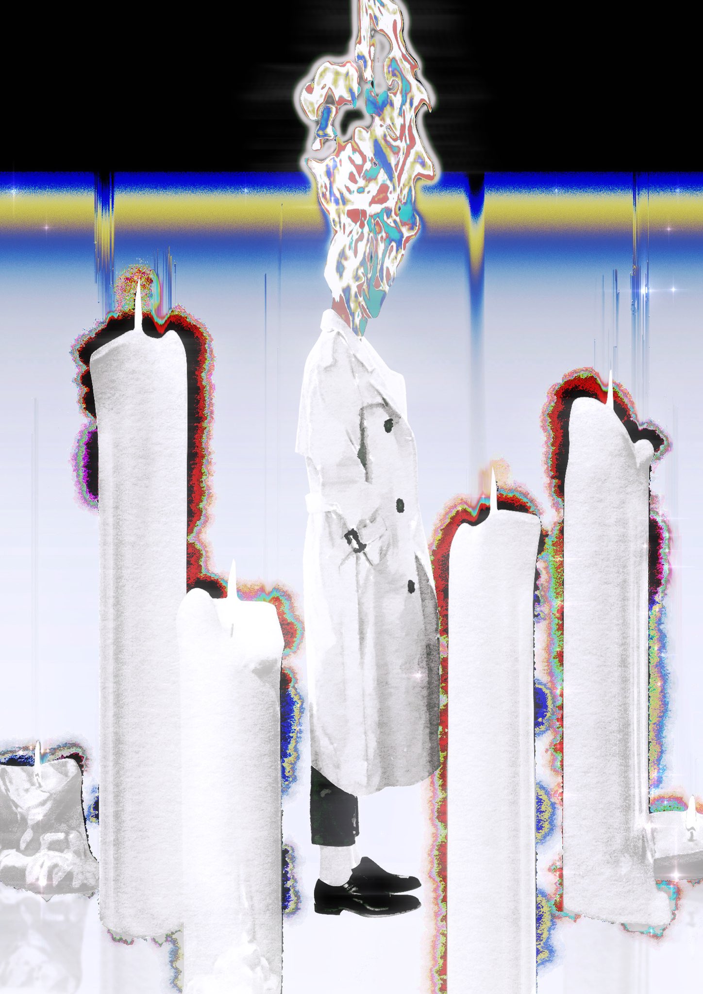 kim dokja, omniscient reader's viewpoint, highres, 1boy, black pants, censored, censored identity, coat, from side, glitch, hands in pockets, male focus, open clothes, open coat, pants, solo, standing, tix 0314, white coat