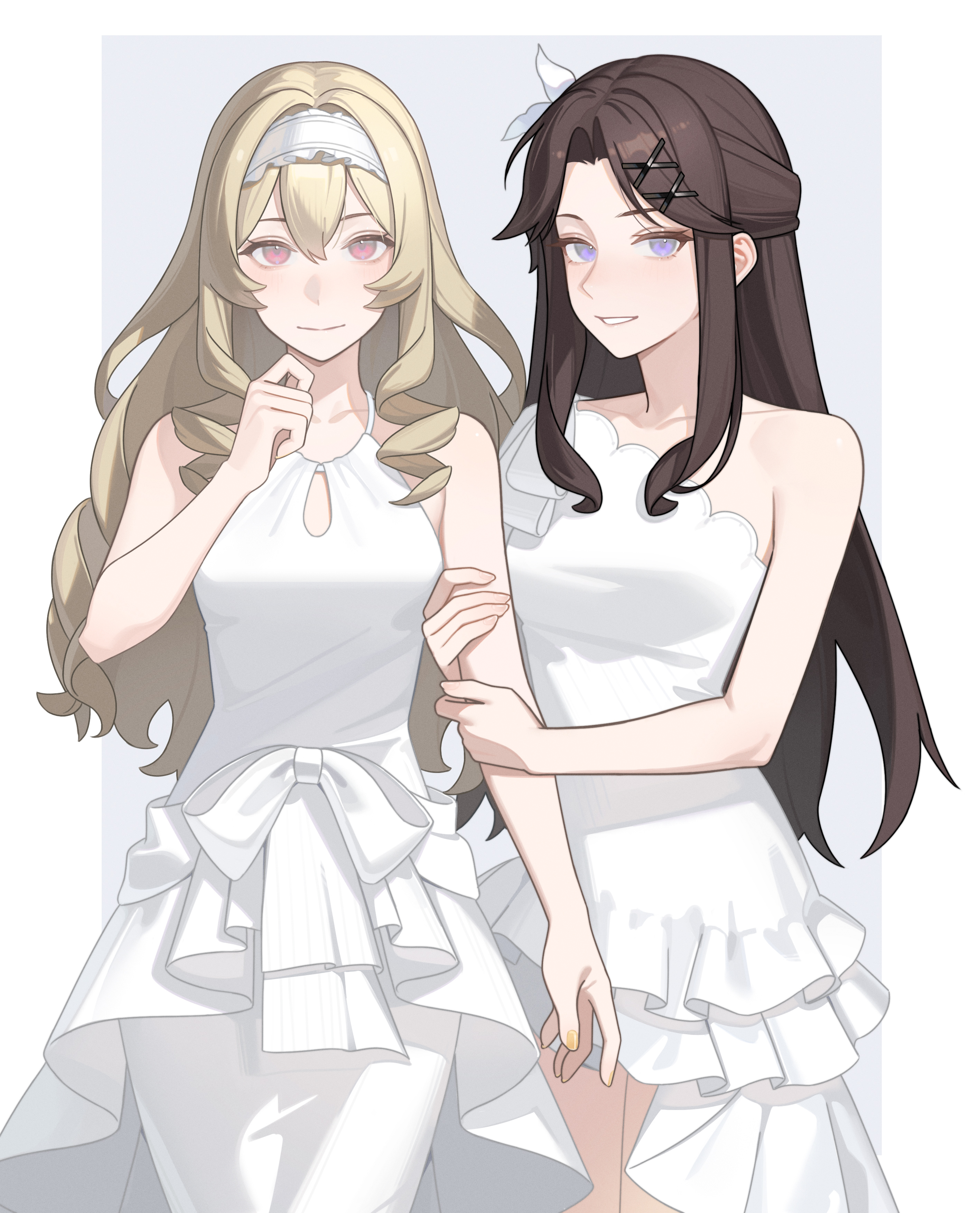 guyijun, saijou claudine, tendou maya, shoujo kageki revue starlight, absurdres, chinese commentary, commentary request, highres, 2girls, alternate costume, arm at side, arm hug, bare arms, bare shoulders, blonde hair, blush, border, bow, breasts, brown hair, closed mouth, collarbone, cowboy shot, dress, dress bow, drill hair, drill sidelocks, fingernails, flower, frilled dress, frilled hairband, frills, grey background, grin, hair between eyes, hair flower, hair ornament, hairband, halter dress, halterneck, hand up, hands up, high-low dress, long hair, looking at viewer, medium breasts, multiple girls, outside border, parted bangs, parted lips, pink eyes, purple eyes, side-by-side, sidelocks, simple background, sleeveless, sleeveless dress, smile, standing, strapless, strapless dress, very long hair, wavy hair, white border, white bow, white dress, white flower, white hairband, x hair ornament, yuri