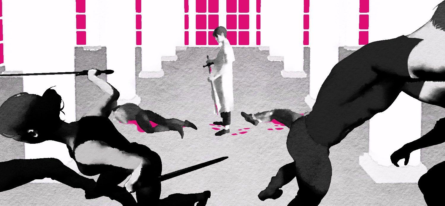 jung heewon, kim dokja, lee hyunsung, omniscient reader's viewpoint, 1girl, 2boys, 4others, black hair, blood, blood splatter, coat, column, corpse, fighting, hair bun, holding, holding sword, holding weapon, indoors, multiple boys, multiple others, muscular, muscular male, open clothes, open coat, out of frame, pillar, pool of blood, short hair, standing, sword, tix 0314, weapon, white coat