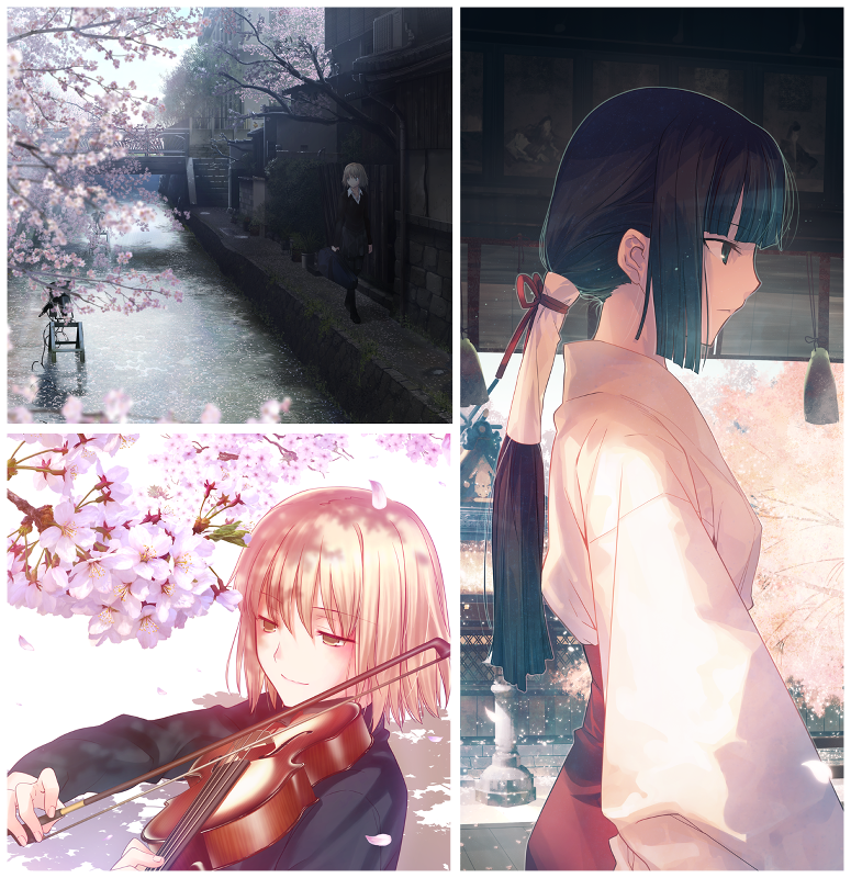takeuchi takashi, original, 2girls, blonde hair, cherry blossoms, flower, instrument, japanese clothes, kimono, kyoto, multiple girls, short hair, violin
