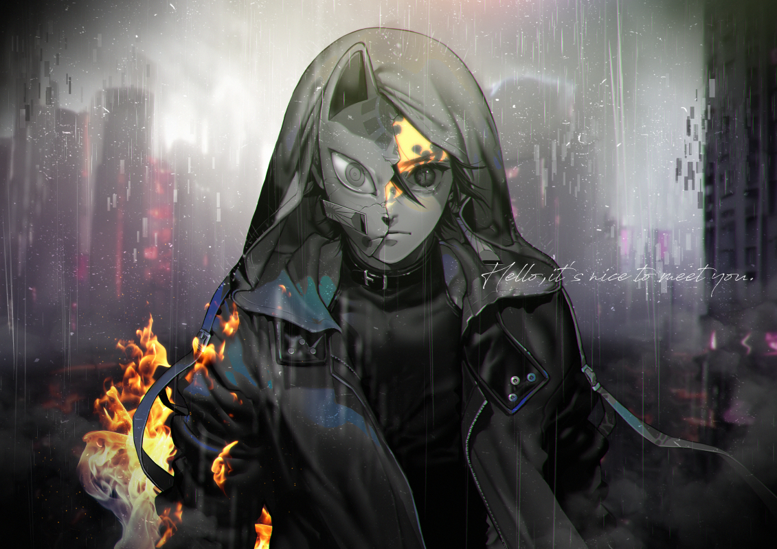 hashimoto (yanagi-momo), kamado tanjirou, kimetsu no yaiba, 1boy, alternate costume, black jacket, broken mask, building, choker, city, cityscape, closed mouth, contemporary, english text, fire, fox mask, glowing scar, half mask, hood, hood up, hooded jacket, jacket, limited palette, long sleeves, looking at viewer, male focus, mask, open clothes, open jacket, outdoors, rain, scar, scar on face, scar on forehead, shirt, short hair, solo, spot color, upper body, wet