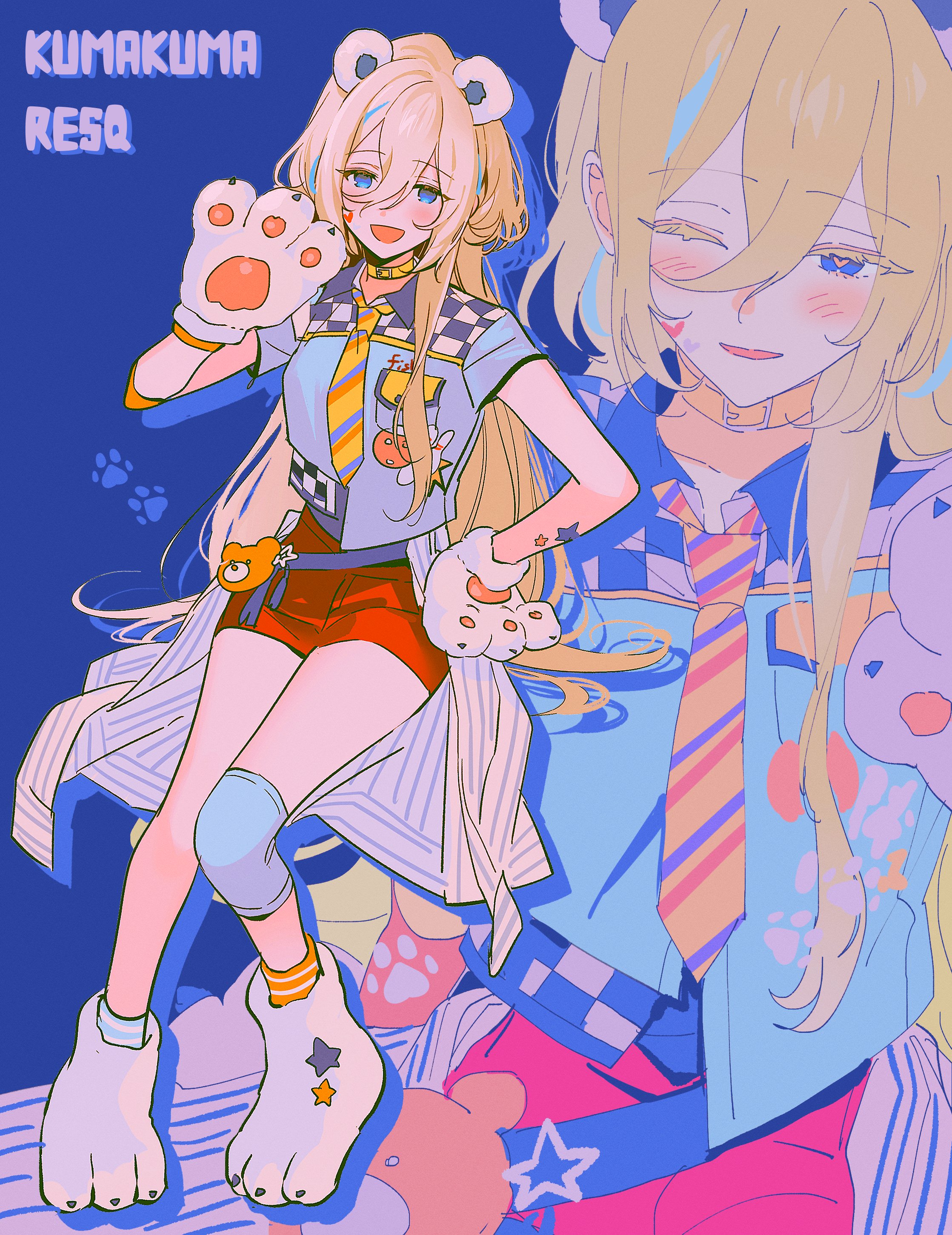 eichi turnr, tenshouin eichi, ensemble stars!, absurdres, highres, 1girl, animal charm, animal ears, animal feet, bear charm, bear ears, bear paws, blonde hair, blue background, blue eyes, blue shirt, blue socks, blue streaks, blush, charm (object), checkered clothes, checkered shirt, collared shirt, colored eyelashes, different zoom layer, facial mark, fake animal ears, full body, genderswap, genderswap (mtf), hair between eyes, hand on own hip, hand up, heart, heart facial mark, invisible chair, knee guards, kuma kuma resq (ensemble stars!), long hair, looking at viewer, mismatched socks, multicolored hair, necktie, one eye closed, open mouth, paw print, red skirt, shirt, sitting, skirt, socks, solo, streaked hair, striped clothes, striped necktie, very long hair, yellow collar, yellow socks