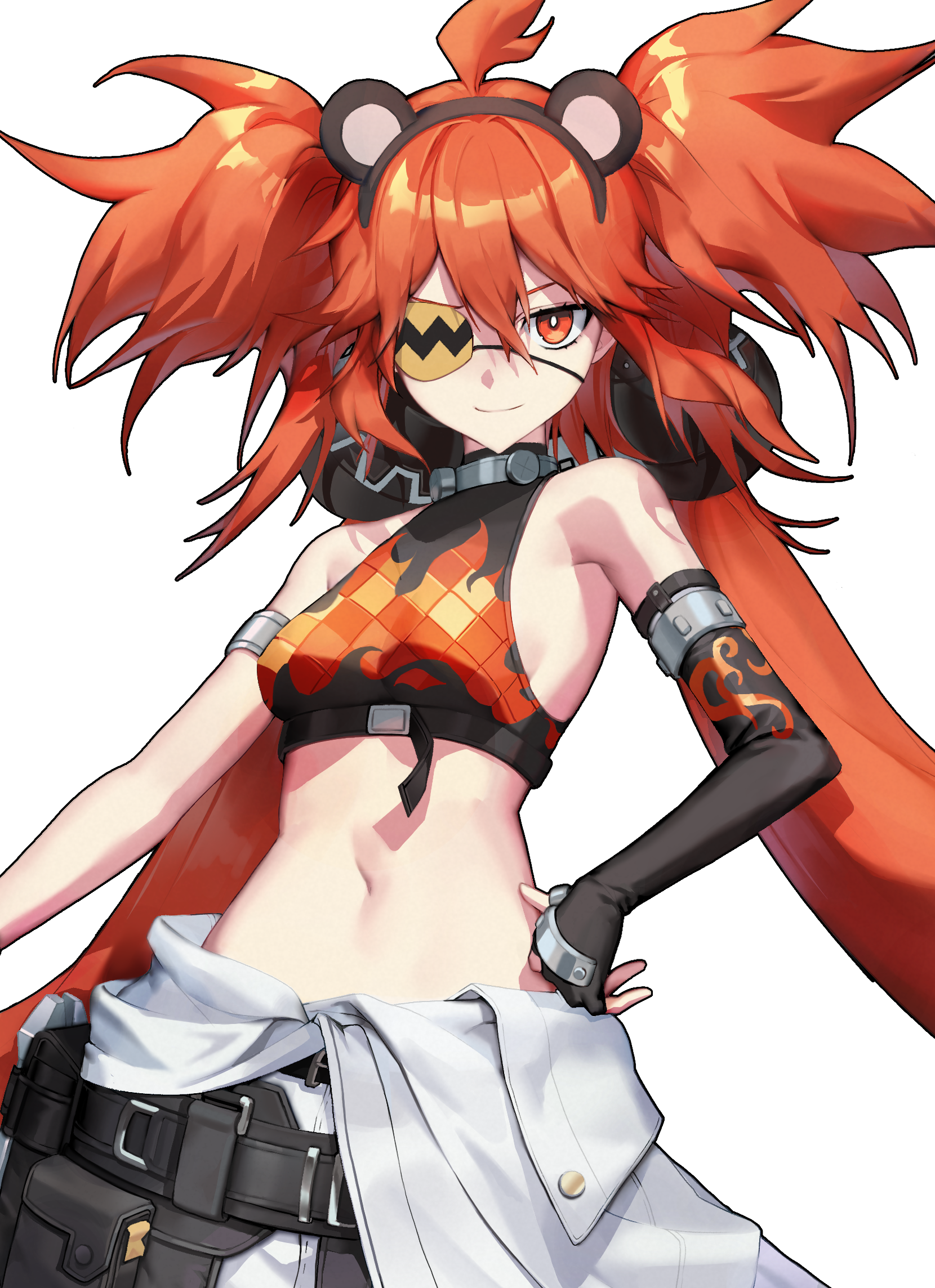 koleda belobog, zenless zone zero, highres, 1girl, ahoge, animal ears, bare shoulders, bear ears, black gloves, breasts, crop top, eyepatch, fake animal ears, fingerless gloves, gloves, hair between eyes, hair ornament, holding, leenali, long hair, looking at viewer, midriff, navel, pants, red eyes, red hair, simple background, solo, sphere hair ornament, twintails