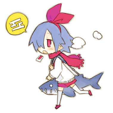 harada takehito, pleinair, usagi-san, disgaea, nippon ichi, original, lowres, blue hair, blush, bow, chibi, hair ribbon, hairband, open mouth, pointy ears, rabbit, red eyes, ribbon, scarf, school uniform, serafuku, shark, short hair, skirt, solo, thighhighs, white thighhighs, zettai ryouiki