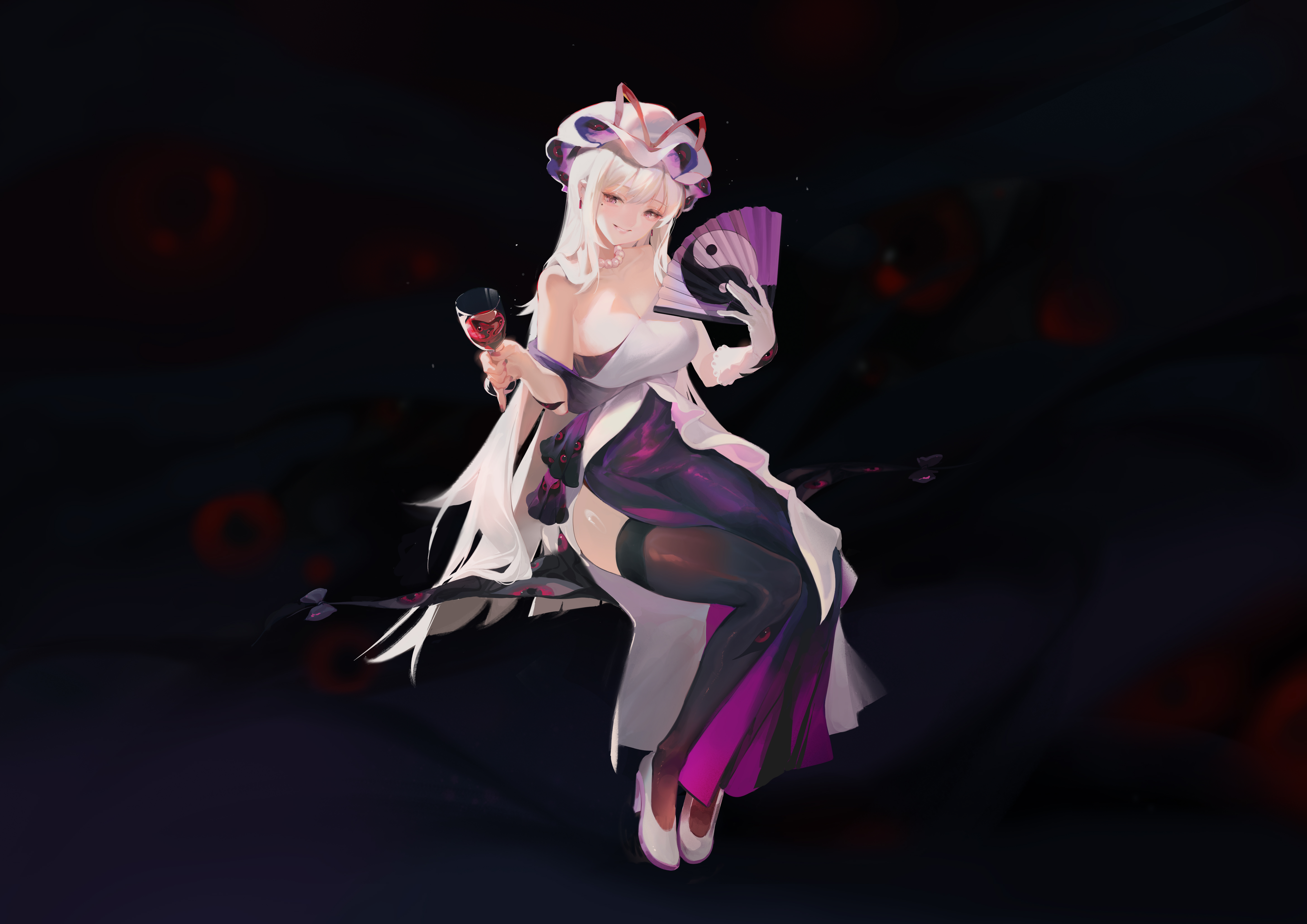 mei gushi de shen yue, yakumo yukari, touhou, absurdres, chinese commentary, commentary, highres, 1girl, alternate costume, bare shoulders, blonde hair, breasts, collarbone, cup, dark background, dress, drinking glass, full body, gap (touhou), gloves, hand fan, hat, high heels, holding, holding cup, holding fan, jewelry, large breasts, legs, long hair, looking at viewer, mob cap, mole, mole under eye, nail polish, necklace, off-shoulder dress, off shoulder, parted lips, pearl necklace, purple dress, purple eyes, purple nails, red eyes, shoes, single glove, sitting, smile, solo, tachi-e, thighs, two-tone dress, very long hair, white dress, white gloves, white shoes, wine glass, yin yang, yin yang print