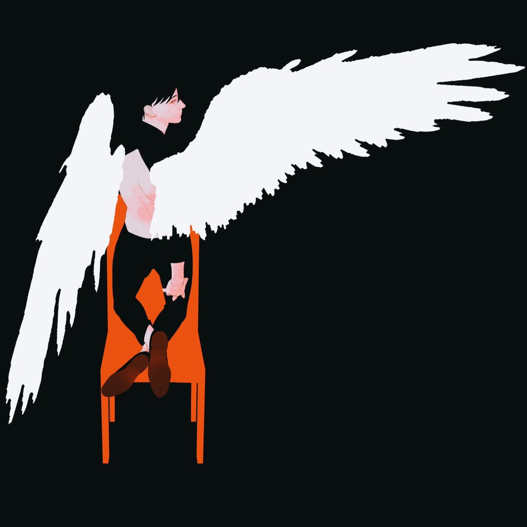 kim dokja, omniscient reader's viewpoint, 1boy, black hair, black shirt, blending, blood on body, chair, clothes lift, feathered wings, from behind, full body, kneeling, looking at viewer, looking back, male focus, shirt, shirt lift, short hair, solo, tix 0314, white wings, wings