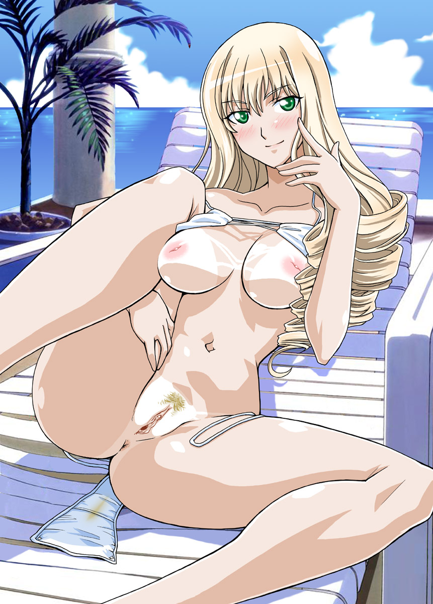 adilisia lenn mathers, rental magica, derivative work, highres, third-party edit, vector trace, 00s, 1girl, beach, bikini, blonde hair, blush, breasts, chair, clitoris, day, drill hair, exhibitionism, female focus, female pubic hair, green eyes, inverted nipples, leg lift, long hair, lounge chair, lying, medium breasts, navel, nipples, nude, ocean, pubic hair, public indecency, pussy, smile, solo, spread legs, stain, swimsuit, tan, tanline, uncensored