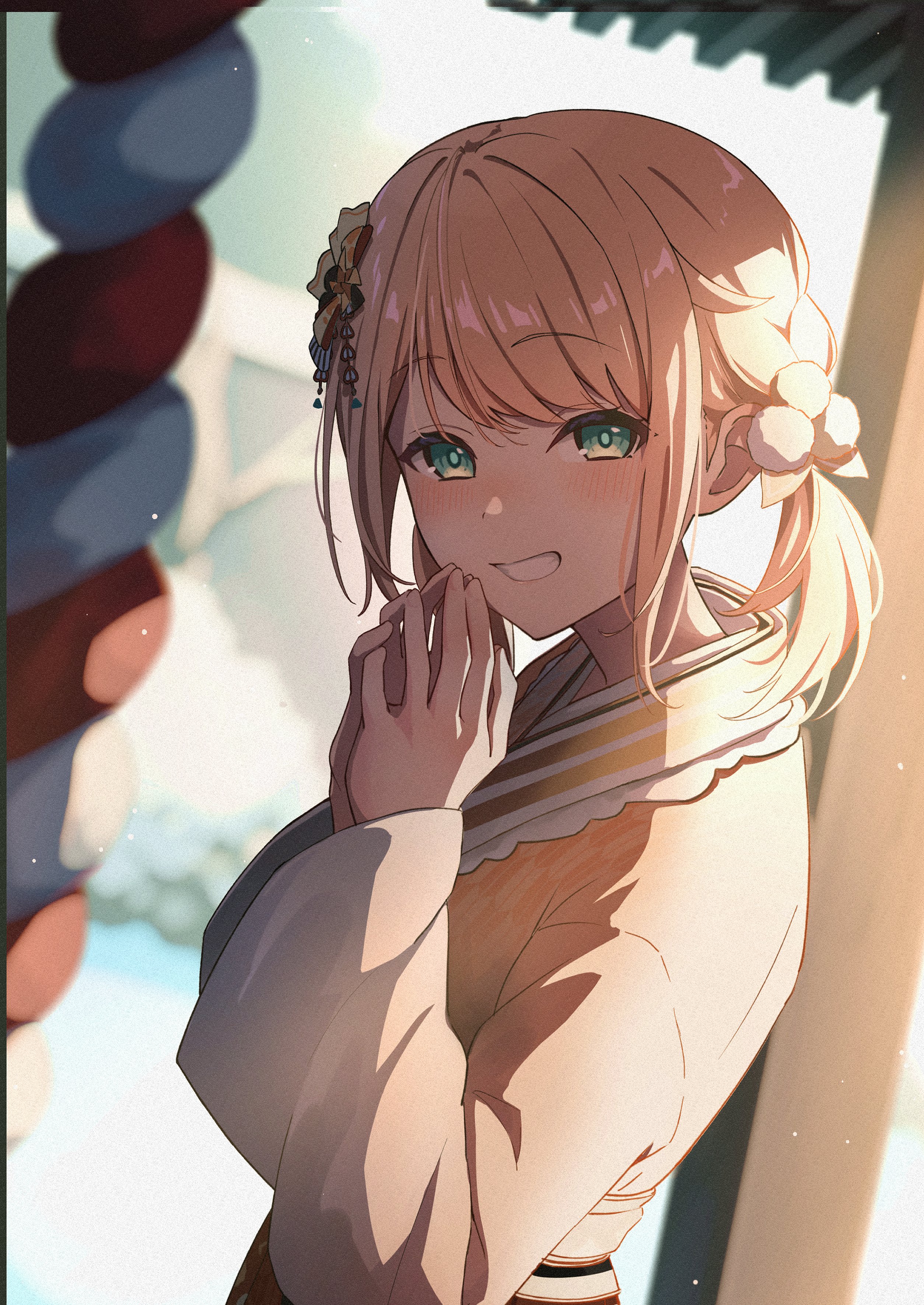 oki no fuji, kazama iroha, kazama iroha (new year), hololive, absurdres, commentary, highres, 1girl, aqua eyes, blonde hair, blush, day, from side, grin, hair ornament, hatsumoude, japanese clothes, kimono, kouhaku nawa, looking at viewer, medium hair, new year, obi, official alternate costume, official alternate hairstyle, outdoors, own hands together, pom pom (clothes), pom pom hair ornament, rope, sash, shimenawa, shrine, smile, solo, standing, steepled fingers, upper body, virtual youtuber, yellow kimono