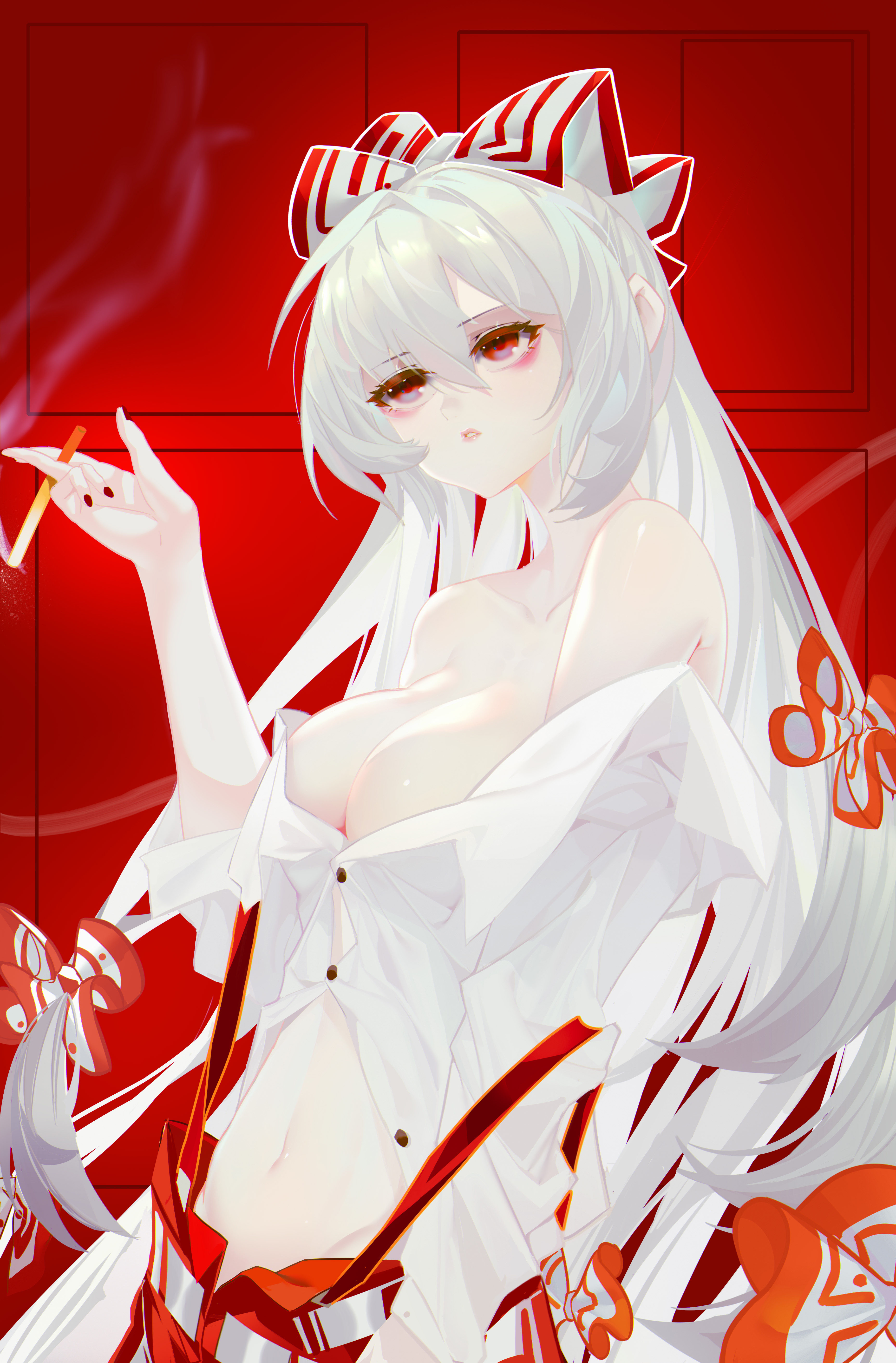 mei gushi de shen yue, fujiwara no mokou, touhou, absurdres, commentary, highres, symbol-only commentary, 1girl, bare shoulders, bow, breasts, cigarette, collarbone, expressionless, hair bow, hair ribbon, holding, holding cigarette, large breasts, long hair, loose clothes, loose shirt, midriff, nail polish, navel, pants, parted lips, red background, red eyes, red nails, red pants, ribbon, shirt, smoke, smoke trail, smoking, very long hair, white hair, white shirt