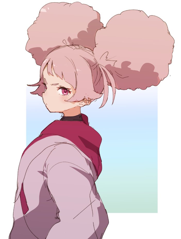 jamir, chuatury panlunch, gundam, gundam suisei no majo, 1girl, afro puffs, asticassia school uniform, big hair, blush, closed mouth, from side, hood, hood down, hoodie, long sleeves, looking at viewer, looking to the side, pink eyes, pink hair, pink hoodie, school uniform, short bangs, short eyebrows, solo, upper body, v-shaped eyebrows